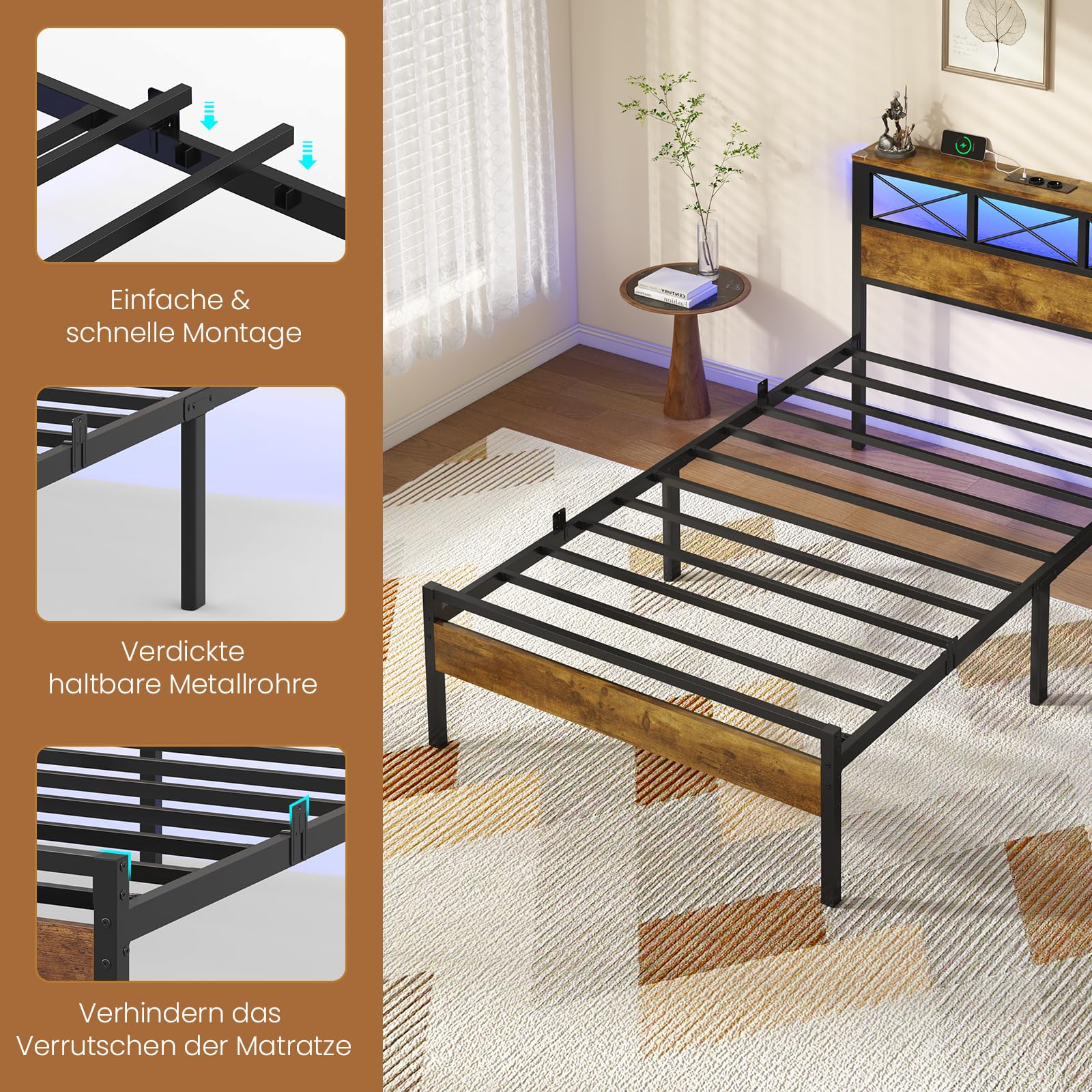 DICTAC Gästebett 90x200 cm mit USB-C & USB-Ladestation + 2 Steckdosen – Platzsparendes Metallbettgestell mit LED-Beleuchtung & Metall-Lattenrost – Einzelbett für Gästezimmer