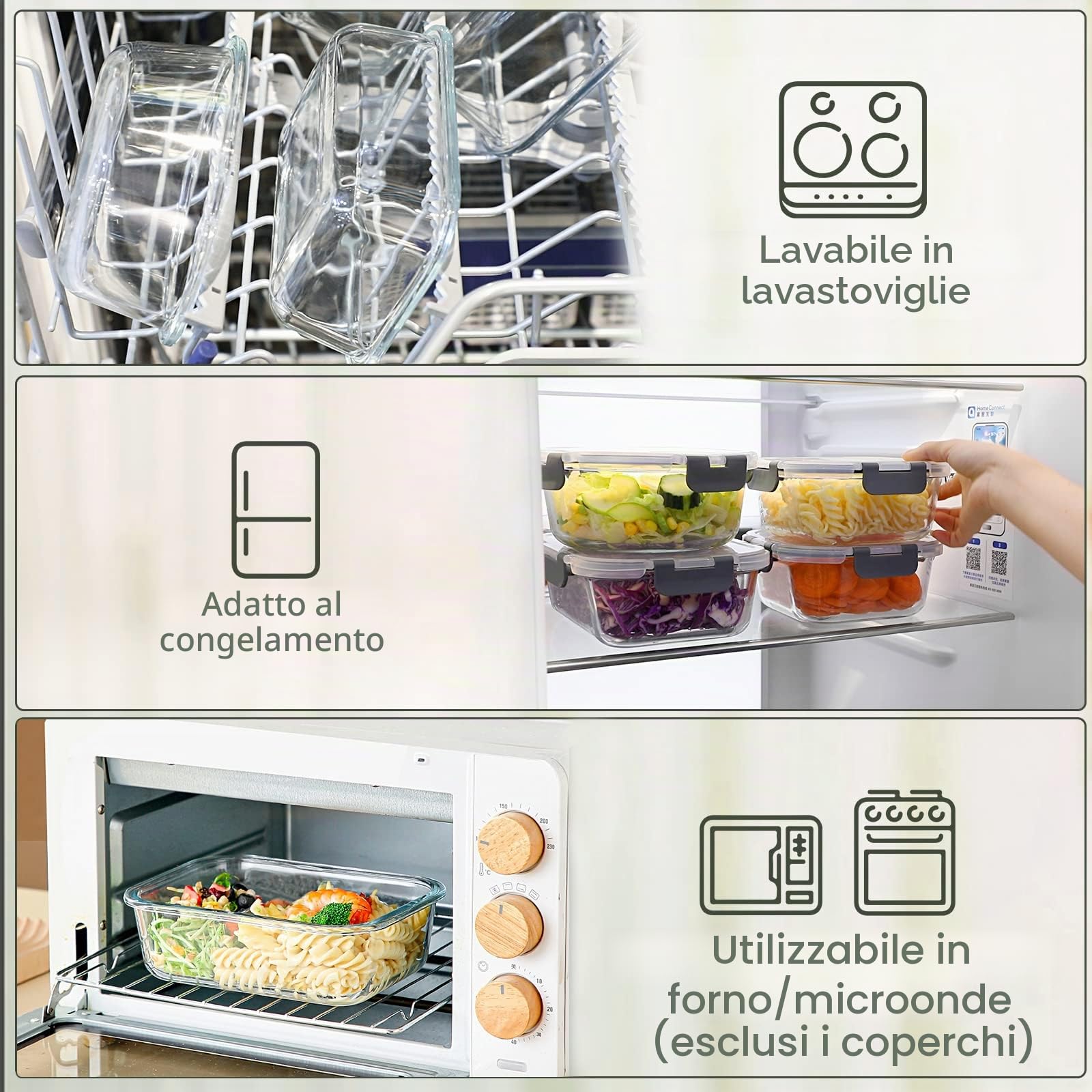 MCIRCO - Contenitori per alimenti in vetro con coperchio, con chiusura a scatto, contenitori ermetici per il pranzo, microonde, forno, congelatore e lavastoviglie, confezione da 10