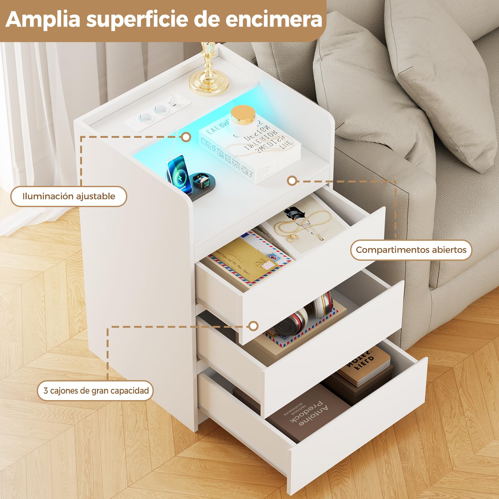 ANWBROAD Mesita de Noche con Enchufes Integrados,Mesilla de Noche con Tira de Luces LED,3 Cajones 1 Compartimento,Mesita de Noche Moderna para Dormitorios Salones (2, Blanco) BNS014W