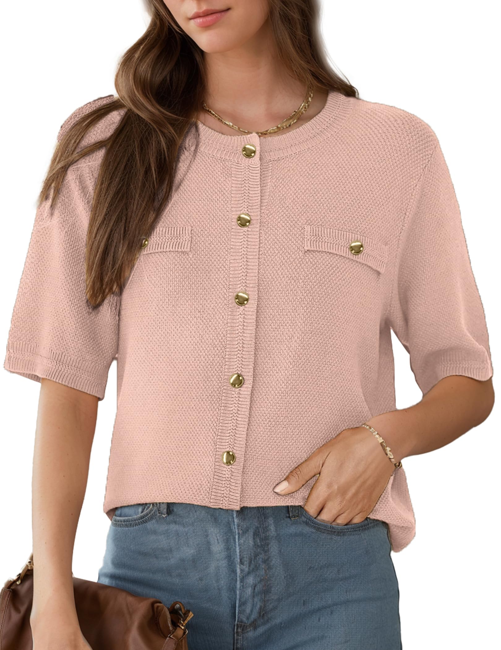 Women's Summer Button Down Shirts Casual Short Sleeve Crew Neck Ribbed Knit Blouse Open Front Work Cardigans