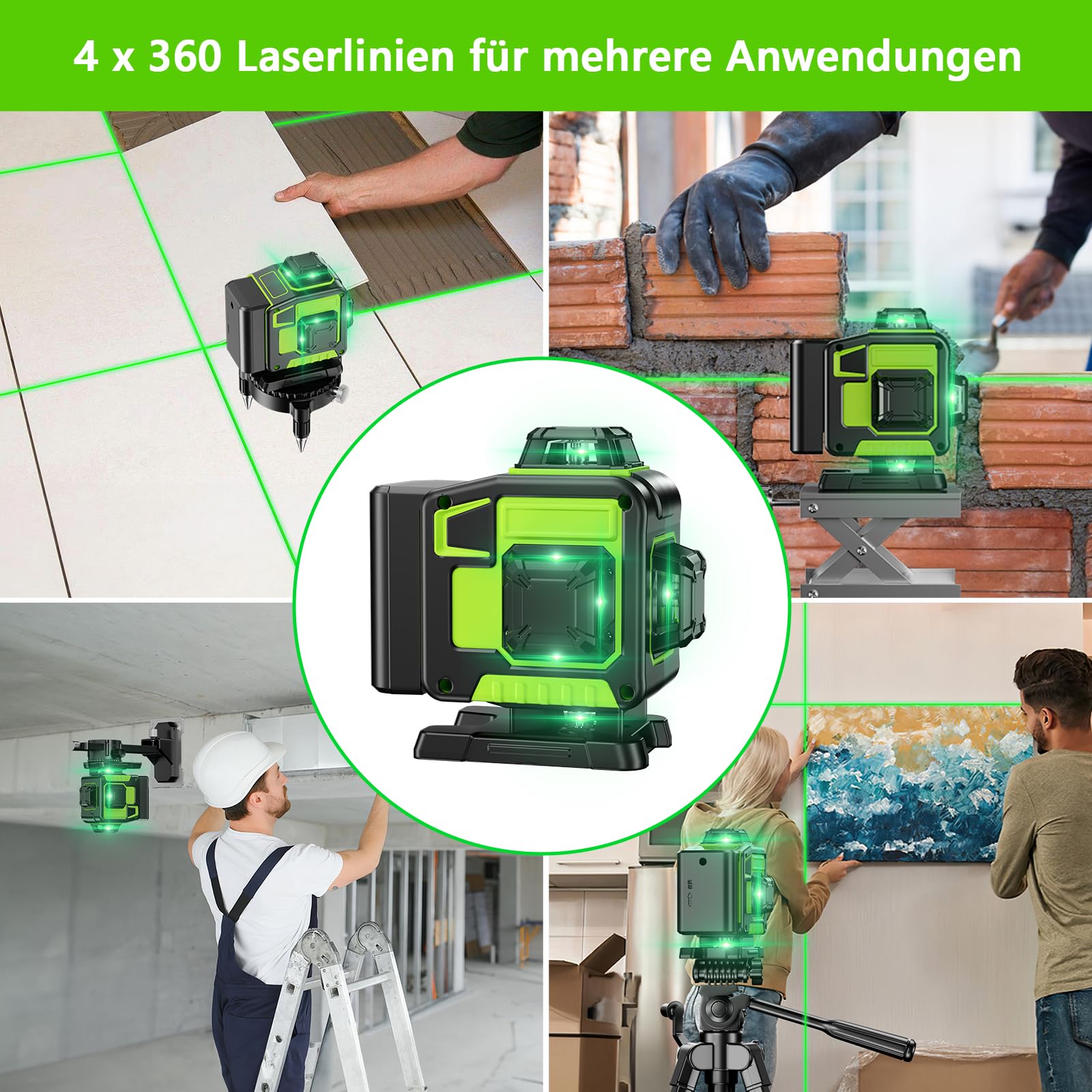 Kreuzlinienlaser Grün 16 Linien Nivellierlaser, 4 x 360 ° Laser Wasserwaage, Linienlaser Kreuzlaser Selbstnivellierend für Innenbereich Baustelle, 2 x Batterie Vermessungskabine (mit Stativ)