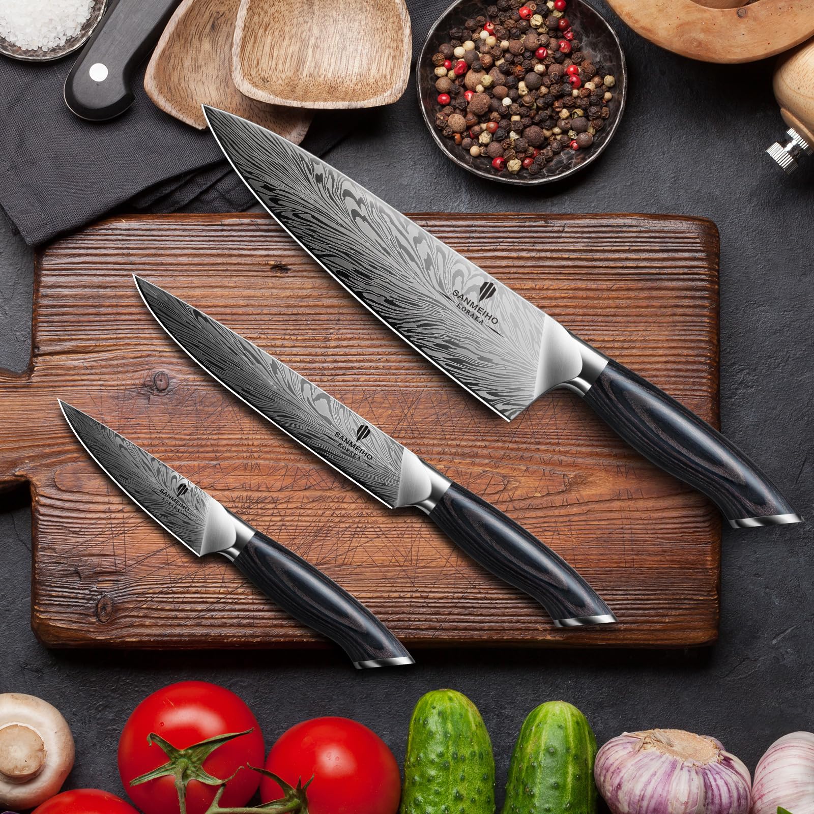 SANMEIHO Küchenmesser Set Japanisch 3-Teilig Pulverstahl, Profi Messerset | Inklusive Kochmesser, Allzweckmesser, Spickmesser Ultrascharf, Ergonomischer Holzgriff Hohe Härte