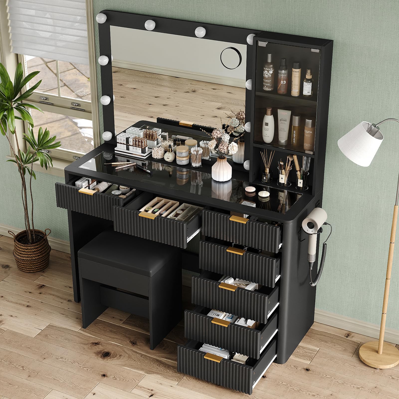 Yanosaku 47" Fluted Vanity Desk with Mirror & LED Lights, 7-Drawer Makeup Vanity with Glass Top & Cabinet, Vanity with Chair & Charging Station, 3 Lighting Modes, for Bedroom, Natural Oak: 7 Drawers Black