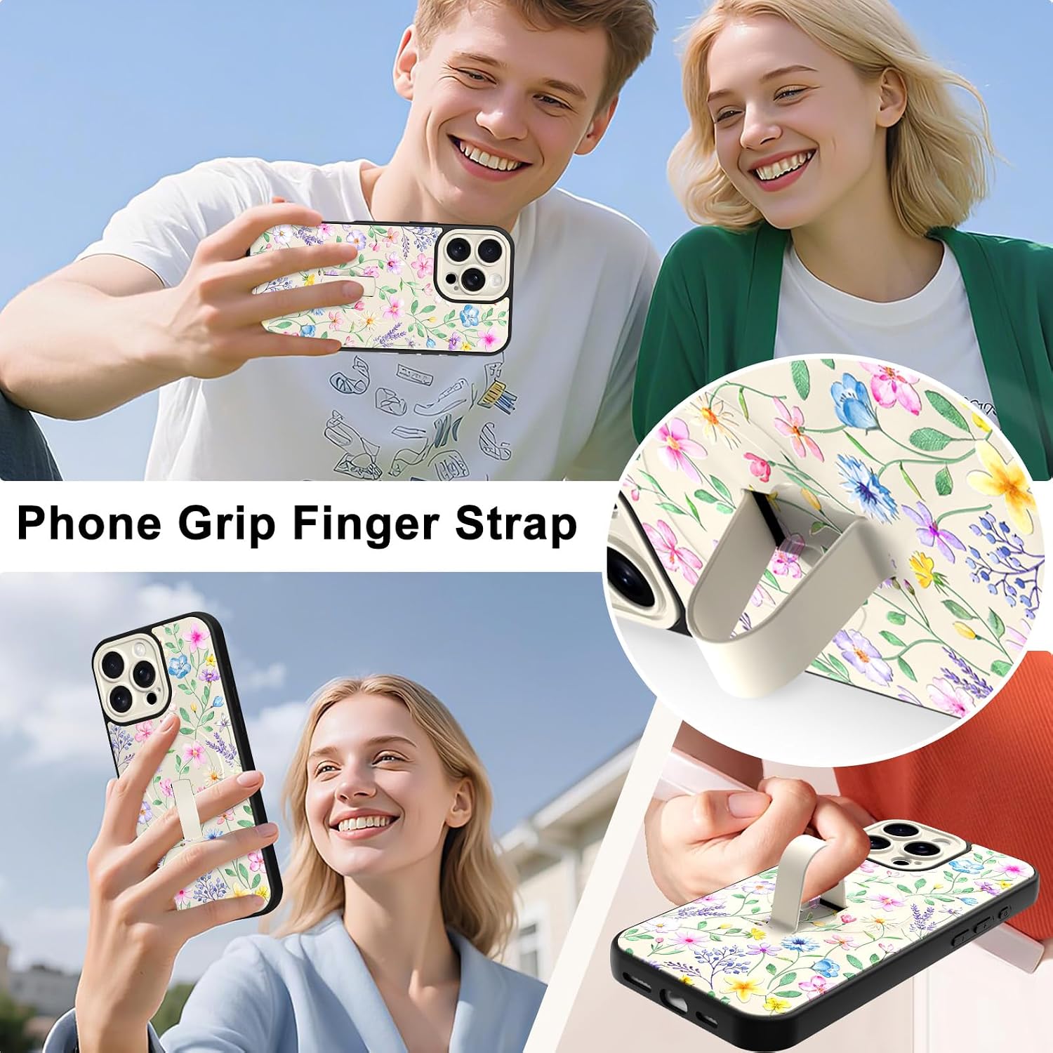 Fiyart Designed for iPhone 16 Pro Max Case Cute Flower Floral Built-in Finger Strap Phone Grip Kickstand for Women Girls,Compatible with MagSafe TPU Hard PC Shockproof Camera Protection 6.9"-White