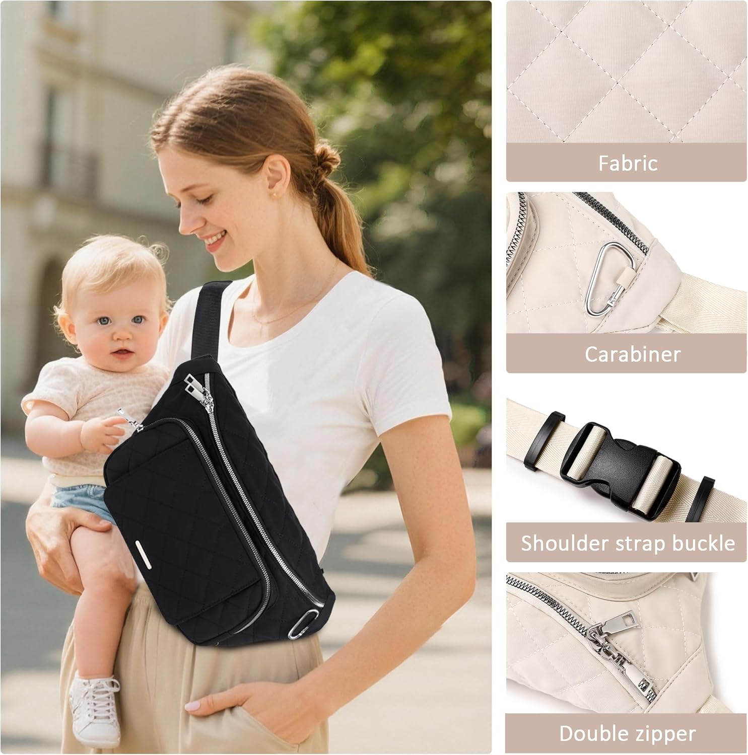 MYHOZEE Small Diaper Bag Fanny Pack - Baby Bag with Waterproof Changing Pad and Wipes Dispenser Quilted Nylon Crossbody Bags for Mom Baby Compact Diaper Purse Cross Body Purses - Image 9