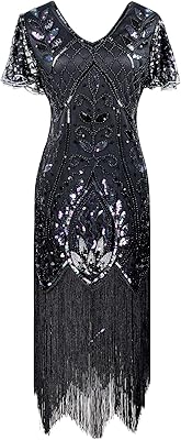 Vestido de Cóctel Inspirado en los Años 20 con Cuentas y Flecos, Estilo Flapper - Negro/Rojo, L (12-14)