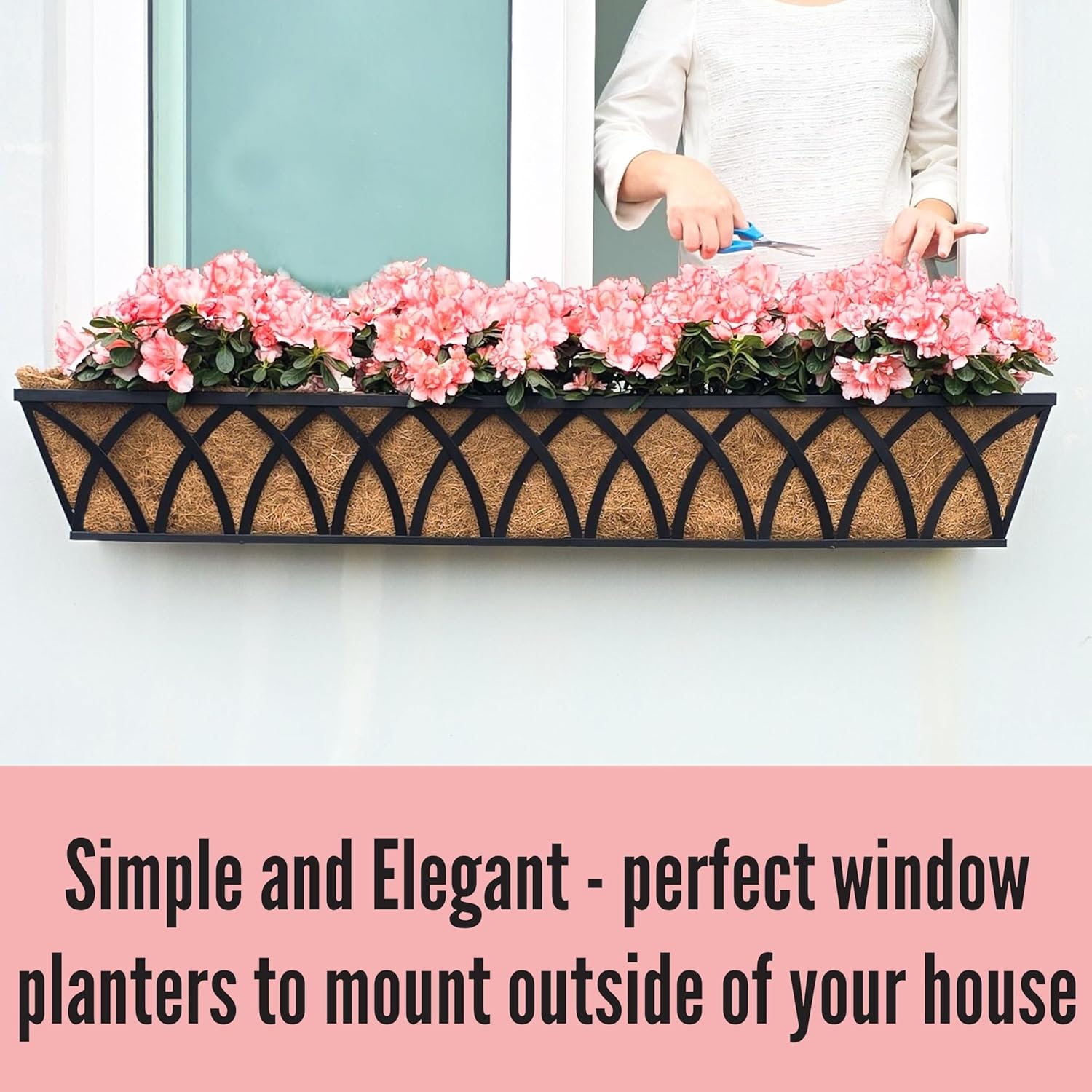 LaLaGreen Bundle- 2 Pack, 48 Inch Rectangular Metal Basket with Coco Liner + 2 Pack, 48 Inch Coconut Coir Insert Black Outdoor Wall Hanging Rail Planter with Bracket Fence Deck Patio Modern Flower Pot