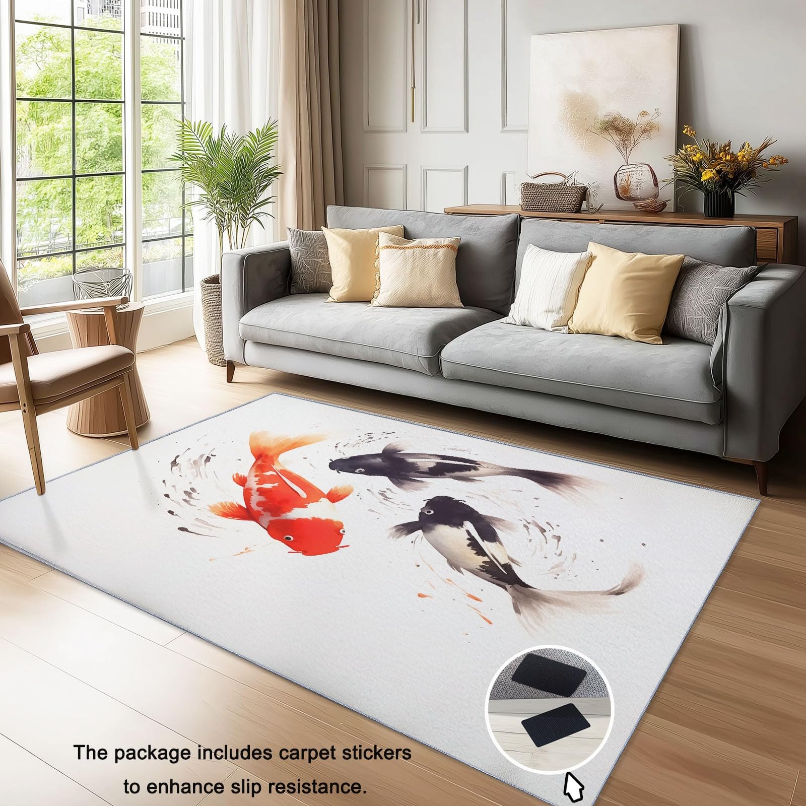 Tapis de Salon 140 x 200 cm – Antidérapant, Doux et Épais Lavable en Machine, Motif Lavis À L'Encre De Chine Poisson – Tapis de Sol pour Chambre, Salle de Séjour, Blanc