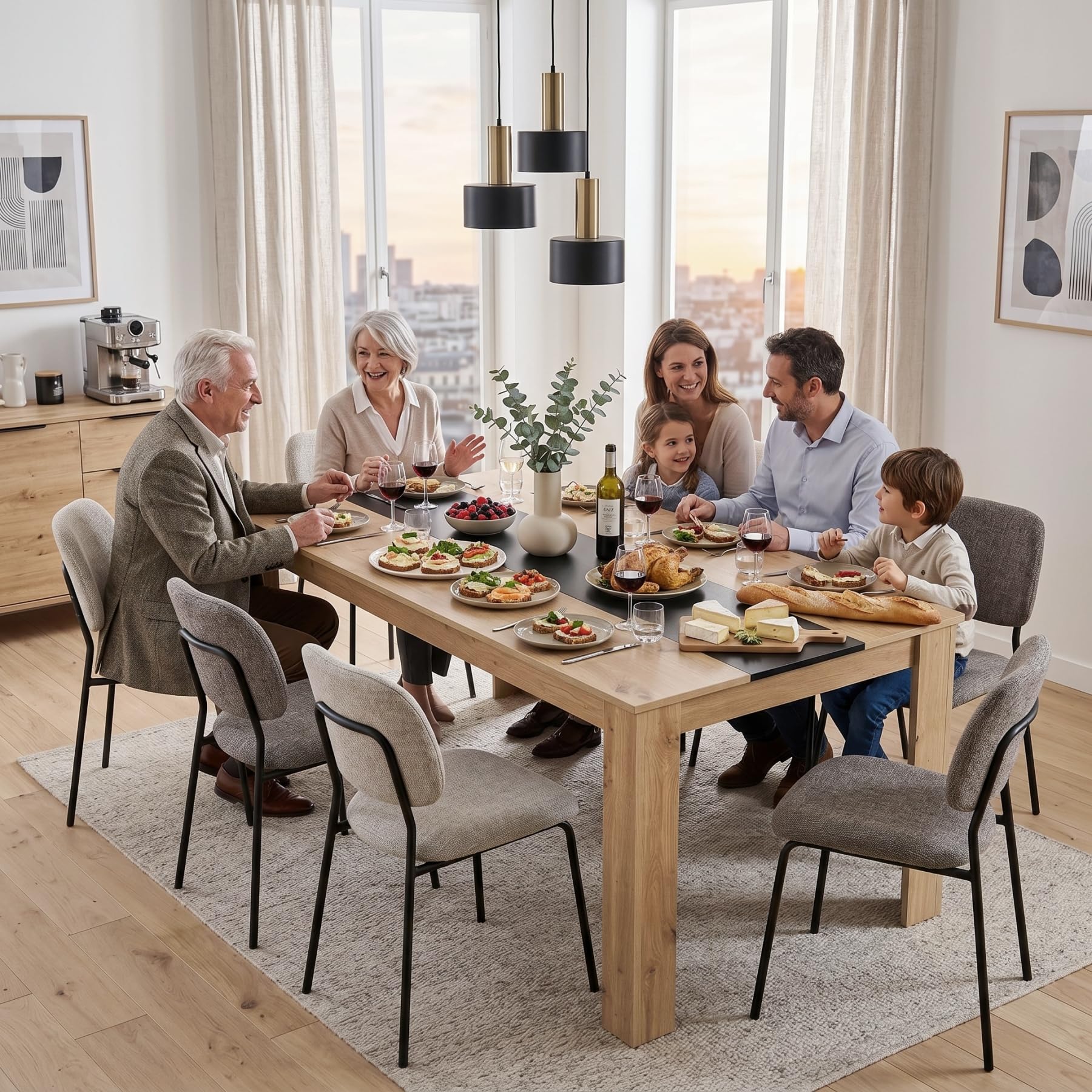 Esstisch Holz 160 x 80 cm für 6-8 Personen, Küchentisch Rechteckiger Esszimmertisch, Großer Tisch Holz für Esszimmer Küche Restaurant oder Wohnzimmer, Eiche und Schwarz, 160x80x75 cm