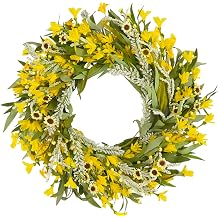 24 Inch Spring Yellow Forsythia Flower Wreath for Front Door with Green Leaves, All Season Door Decor Wreath with Yellow Sunflower Greenery Leaves for Indoor Outdoor