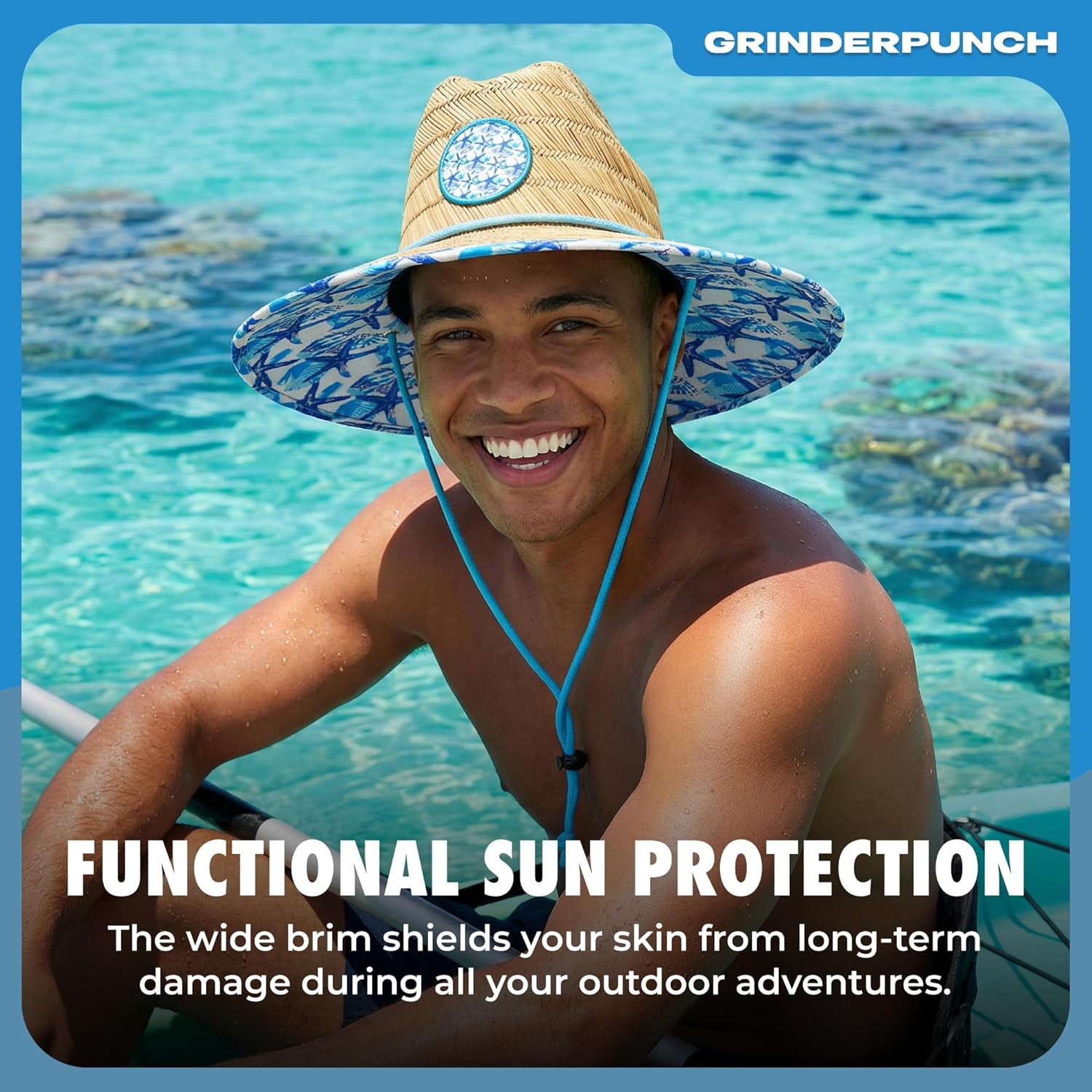 grinderPUNCH Lifeguard Hat Mens Straw Sun Hat for Outdoor American Flag USA Patriotic Straw Beach Fishing Straw Hat for Men