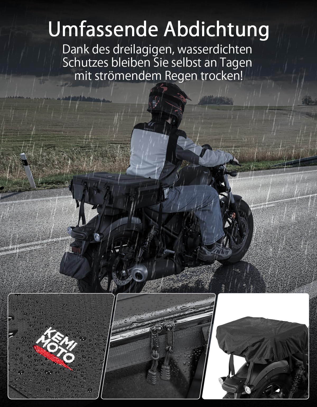 KEMIMOTO Motorrad Tasche 35L, wasserdichte Motorrad Hecktasche, große Kapazität, erweiterbare Satteltasche, Gepäckträgertasche mit Regenhülle, einfache Montage, Schwarz