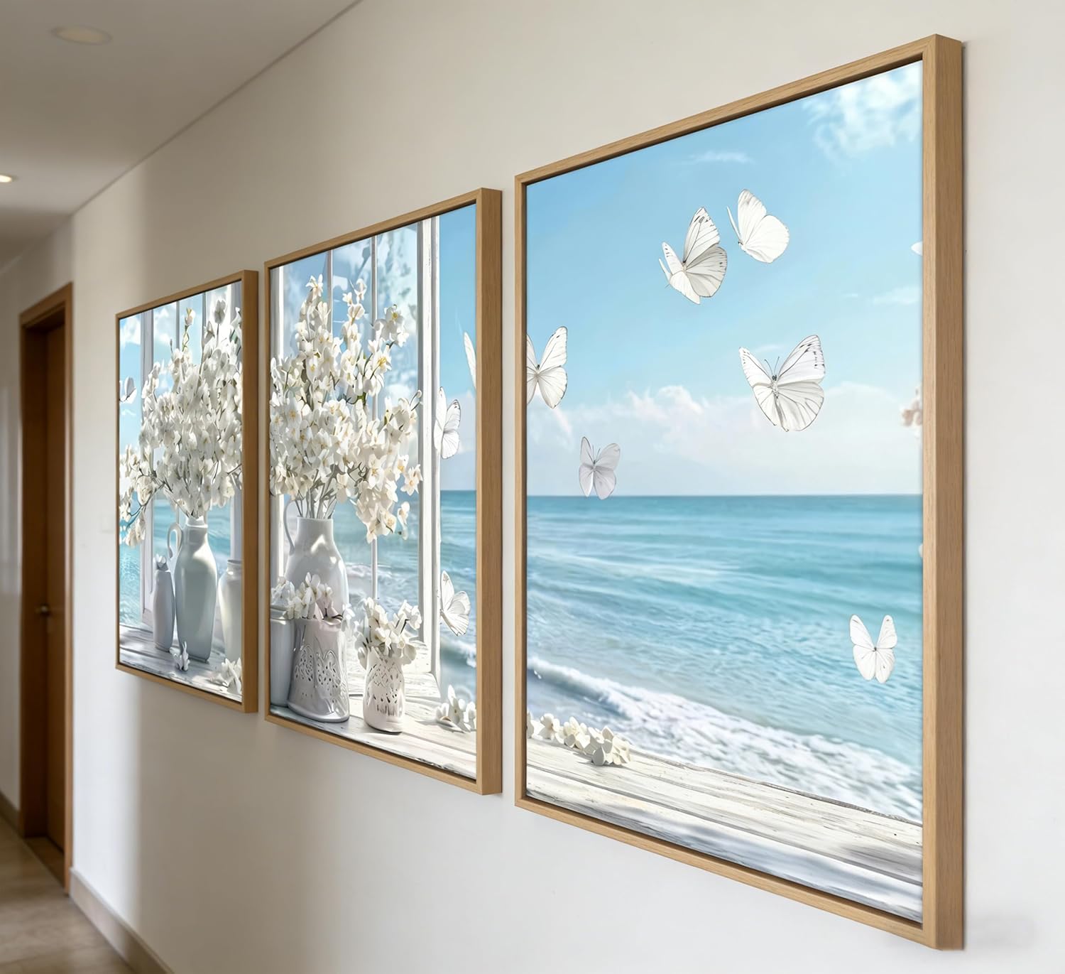 3Pcs Blue Coastal Canvas Wall Art Seaside Floral Painting Picture Wall Decor Farmhouse White and Butterfly Flowers Poster Print Artwork for iving Room Bedroom Bathroom Home Decoration