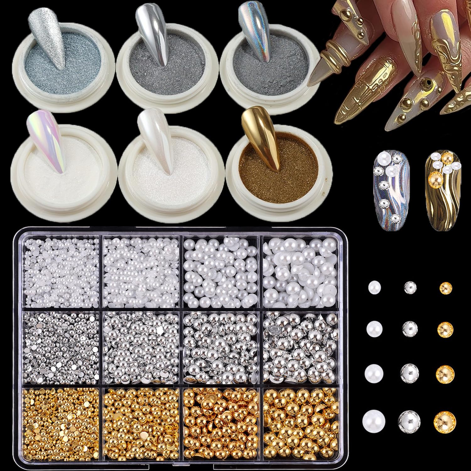 Chrome Nail Powder Kit with Flatback Pearl Nail Charms,Silver Chrome Nail Art Glitters Gold Chrome Nail Powder for Nail Art Design