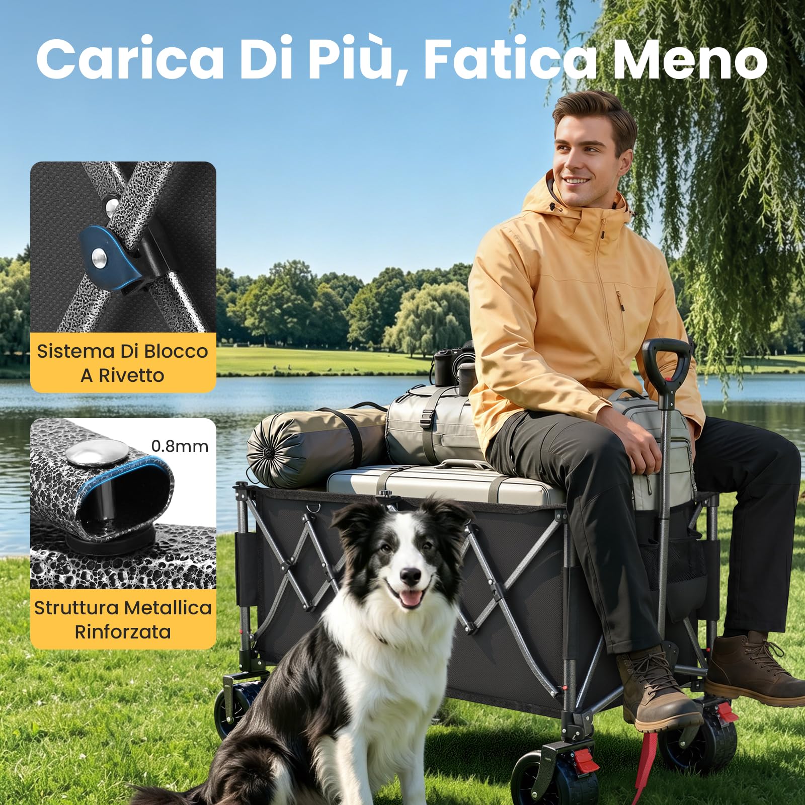YEAUPE PRO Carrello Spiaggia Pieghevole XXXL – Doppi freni, doppia forcella rinforzata, ruote grandi, manico regolabile, rete elastica inclusa, carrello con ruote portatutto – 250kg/260L, Nero