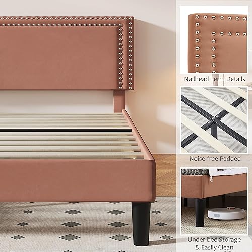 Miniatura 53 de VECELO Base de cama de tamaño matrimonial con cabecera tapizada ajustable, plataforma de listones de madera, diseño sin ruido, fácil montaje Negro