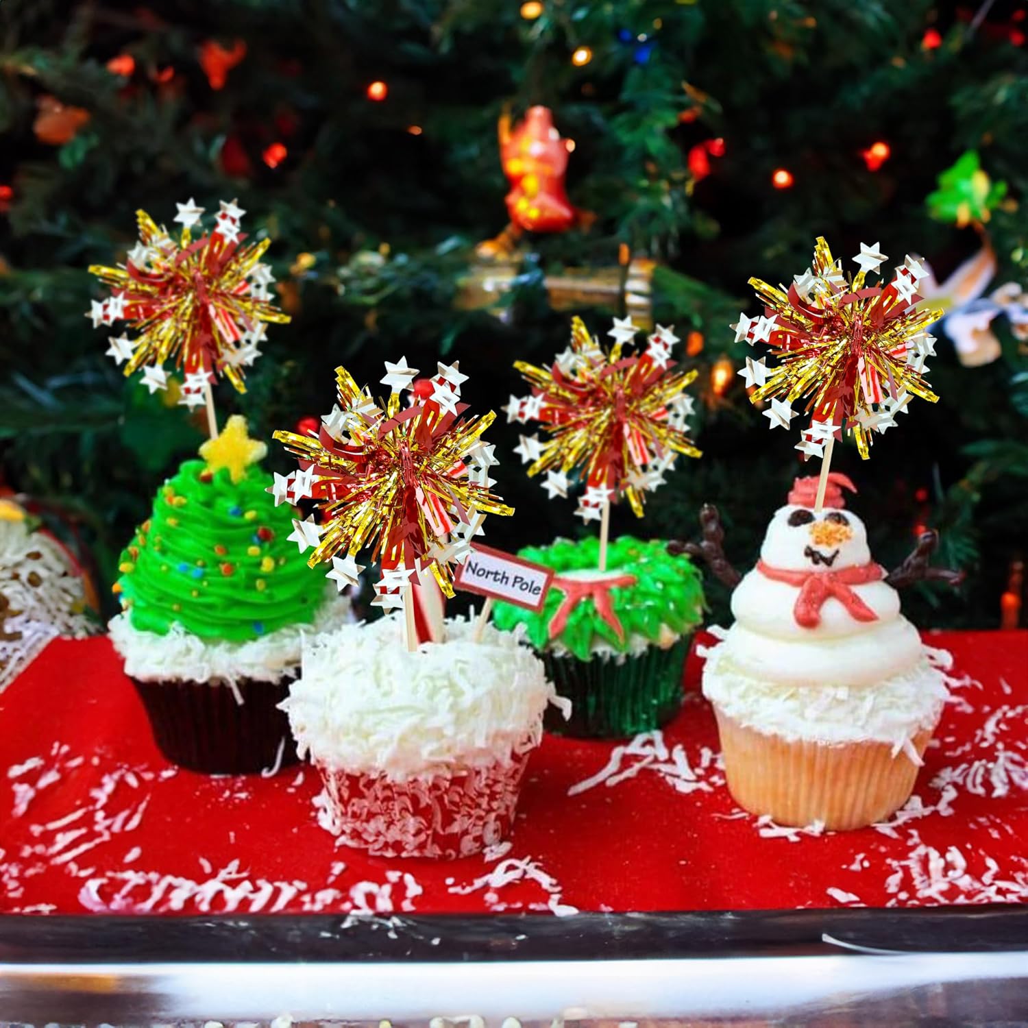 Ephlyn 30Pcs Foil Firework Cupcake Toppers Sparkle Tinsel Cupcake Picks Happy Birthday Cake Decorations Drink Stirrers Cocktail Food Fruit Toothpicks for Baby Shower Graduation Party Supplies Gold Red - Image 5