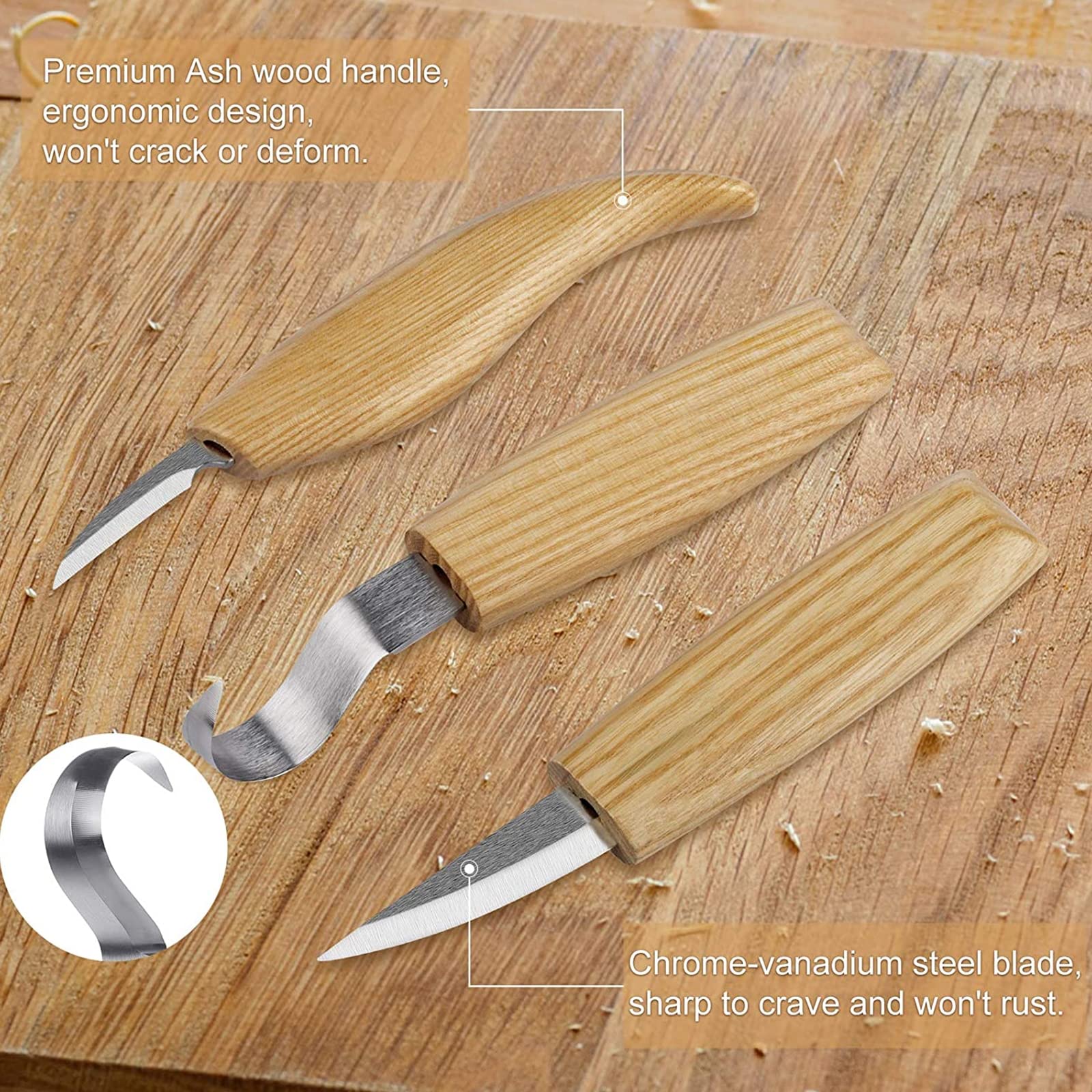 Houtsnijwerk Messen, Houtwhittling Kit, 6 in 1 Houtsnijwerk Kit Met Snijwerk Haak Mes, Hout Whittling Mes, Chip Snijmes, Handschoenen, Snijmessenslijper Voor Beginners Houtbewerkingskit