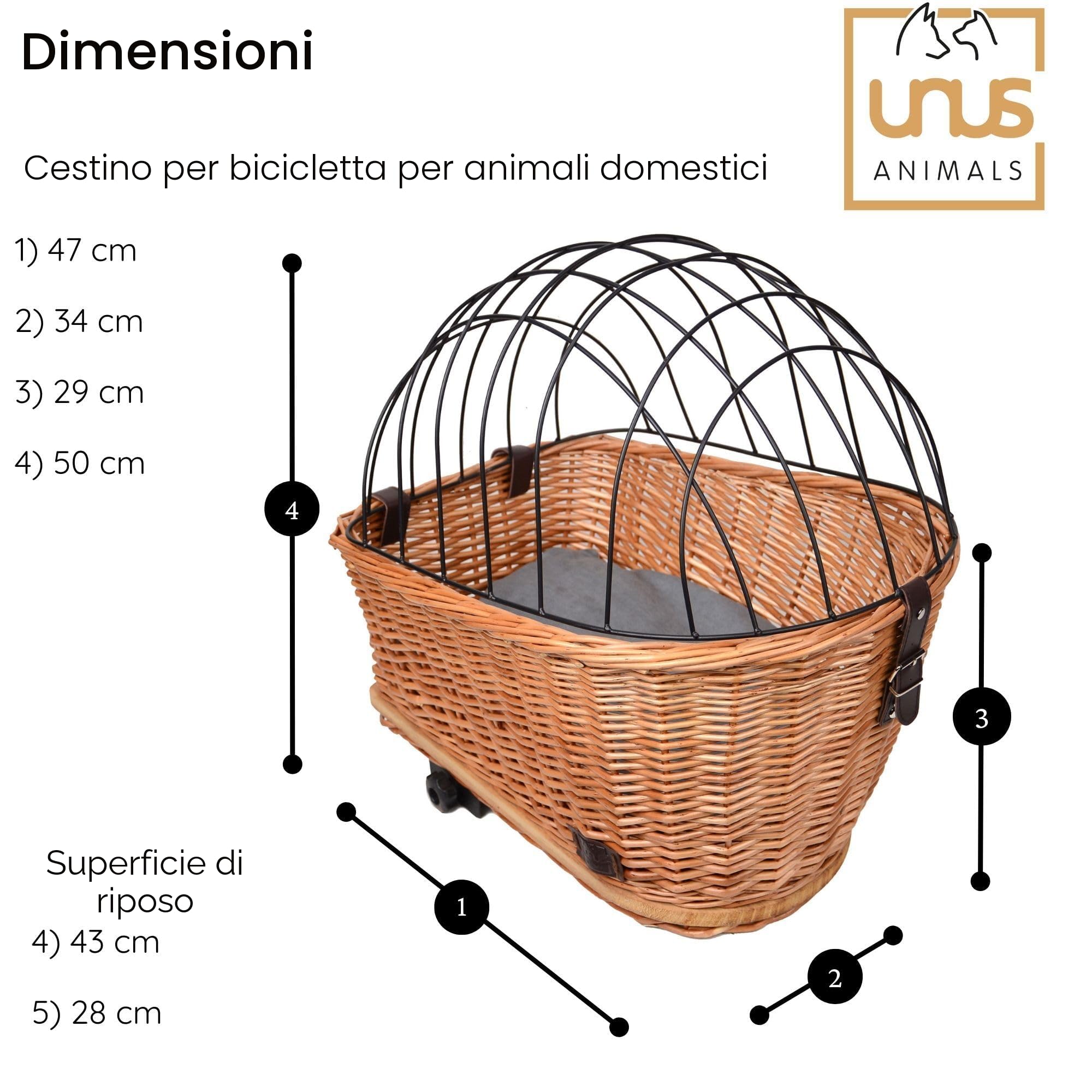 UNUS Cestino per bicicletta per cani in vimini, con copertura a griglia e cuscino, 47 x 29 x 34 cm