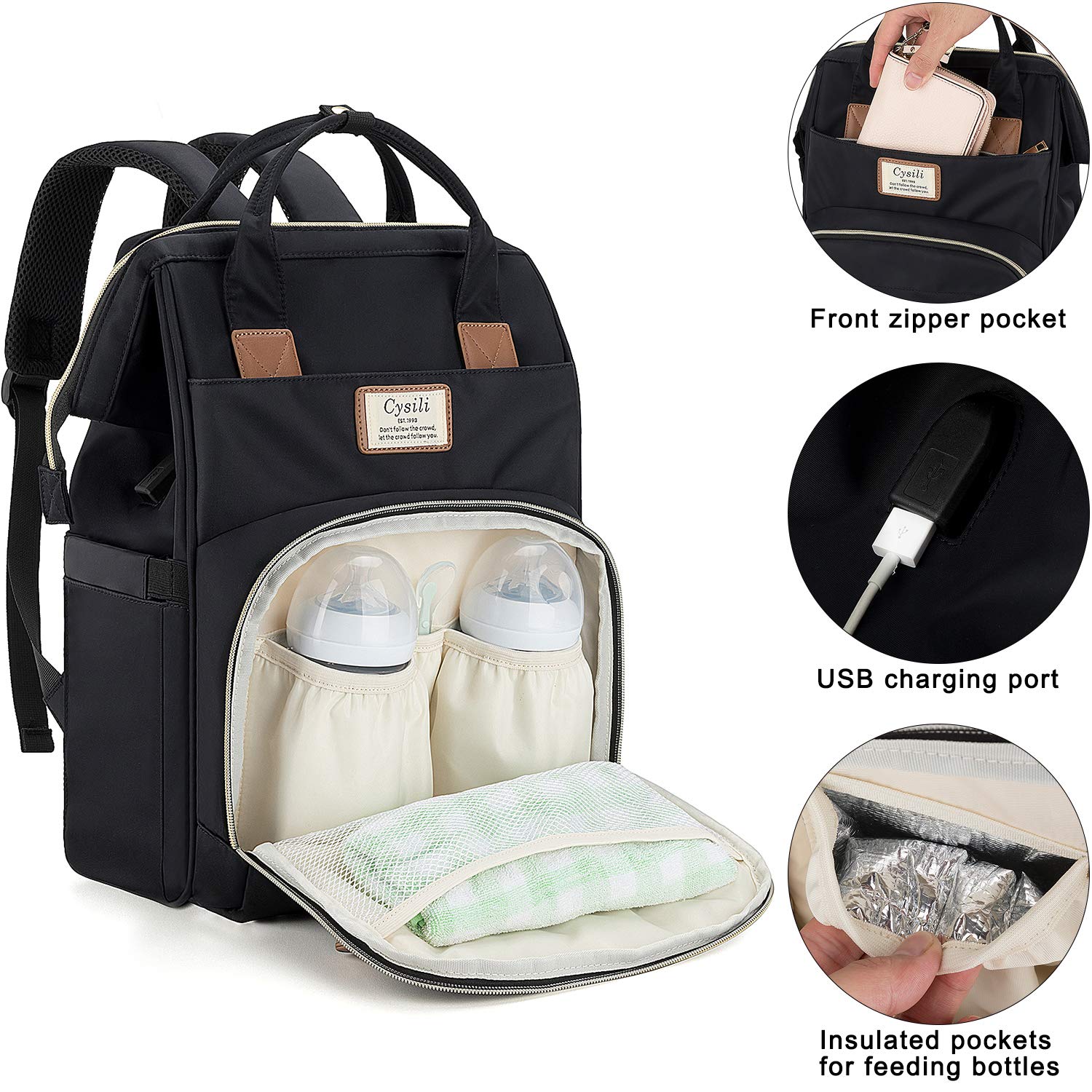 Diaper Bag Backpack with USB Charging Port and Stroller Straps, Maternity Nappy Bag with Insulated Feeding Bottle Pocket (Black)