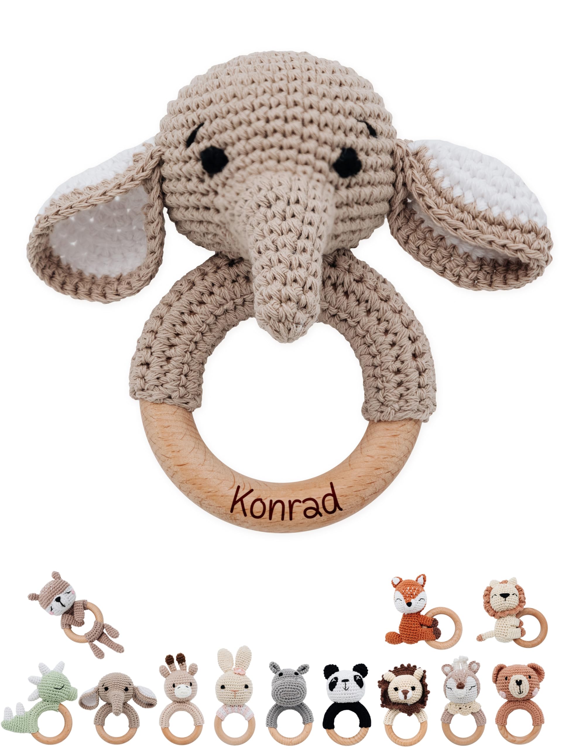 wunderwunsch - Personalised Teething Ring Baby - Cute Grasping Toy for Babies from 0 Months - Baby Rattle with Name as a Baby Gift for Girls and Boys (Elephant, Without Name)
