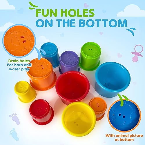 Miniatura 5 de Arco Iris Stacking  Nesting tazas Baby Set de construcción 10piezas Con relieve caracteres Animal Para Interior Exterior tina y la playa divertido