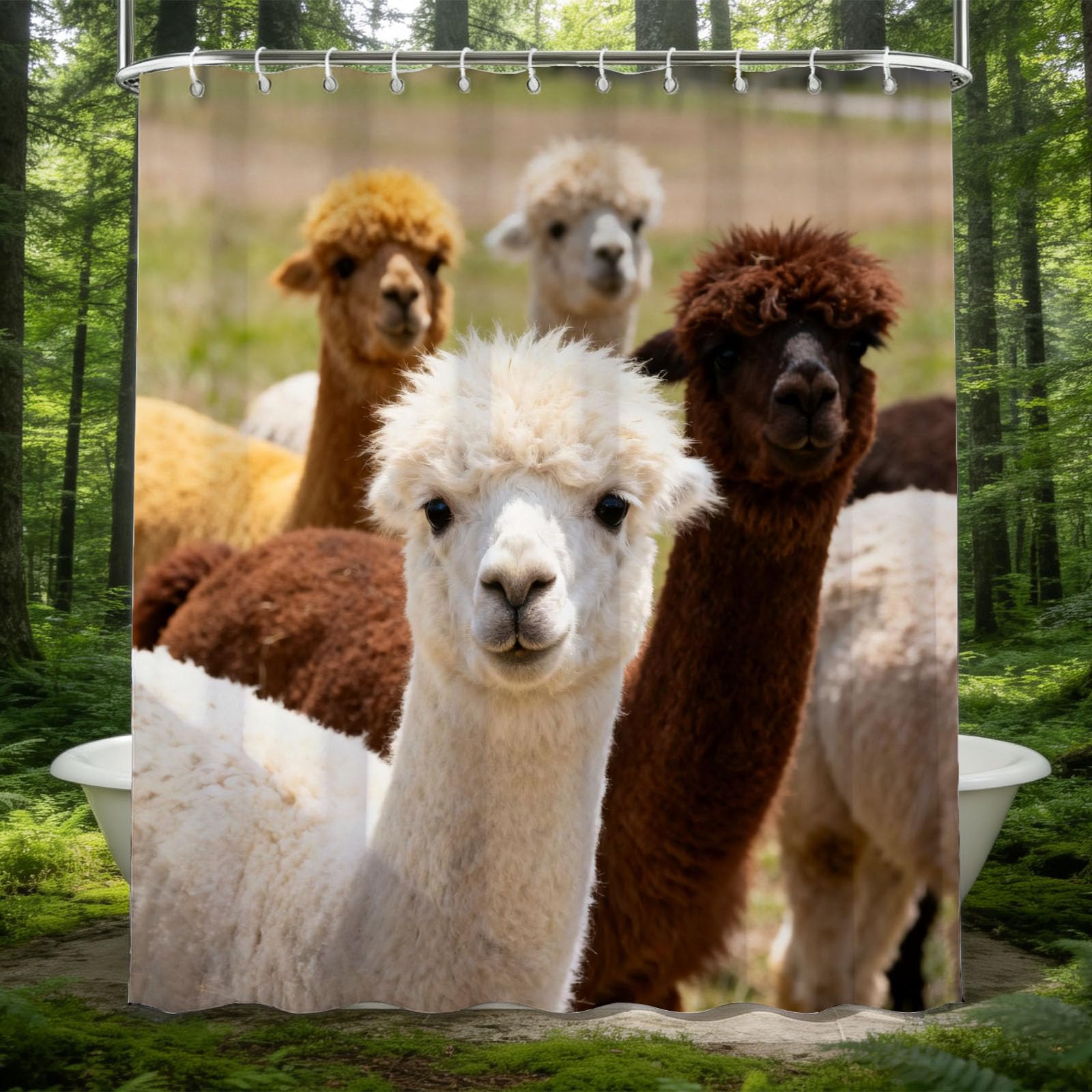 Hongduo White 3D Farm Alpaca Shower Curtain For Stalls Bathtubs Farm Theme Bathroom Decor Shower Curtain Set Polyester Fabric Waterproof 180X200cm/71X79 Inch With Hooks
