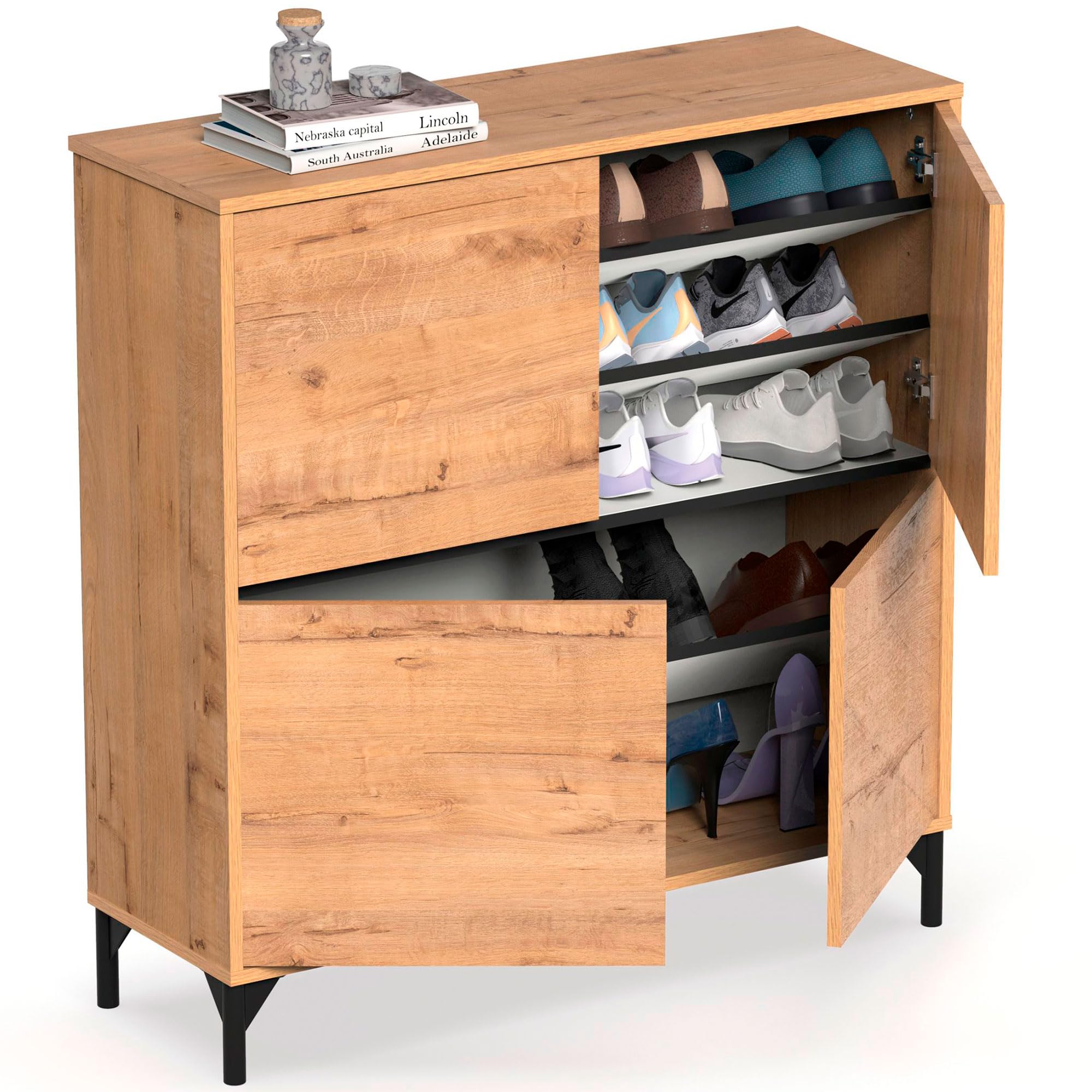 briebe Zapatero Entrada Recibidor, Mueble Auxiliar de Madera para Zapatos, 4 Puertas, 101x96,5x33 cm (Alto x Ancho x Profundo) 20 Pares Aproximadamente, Harmony Roble Gold