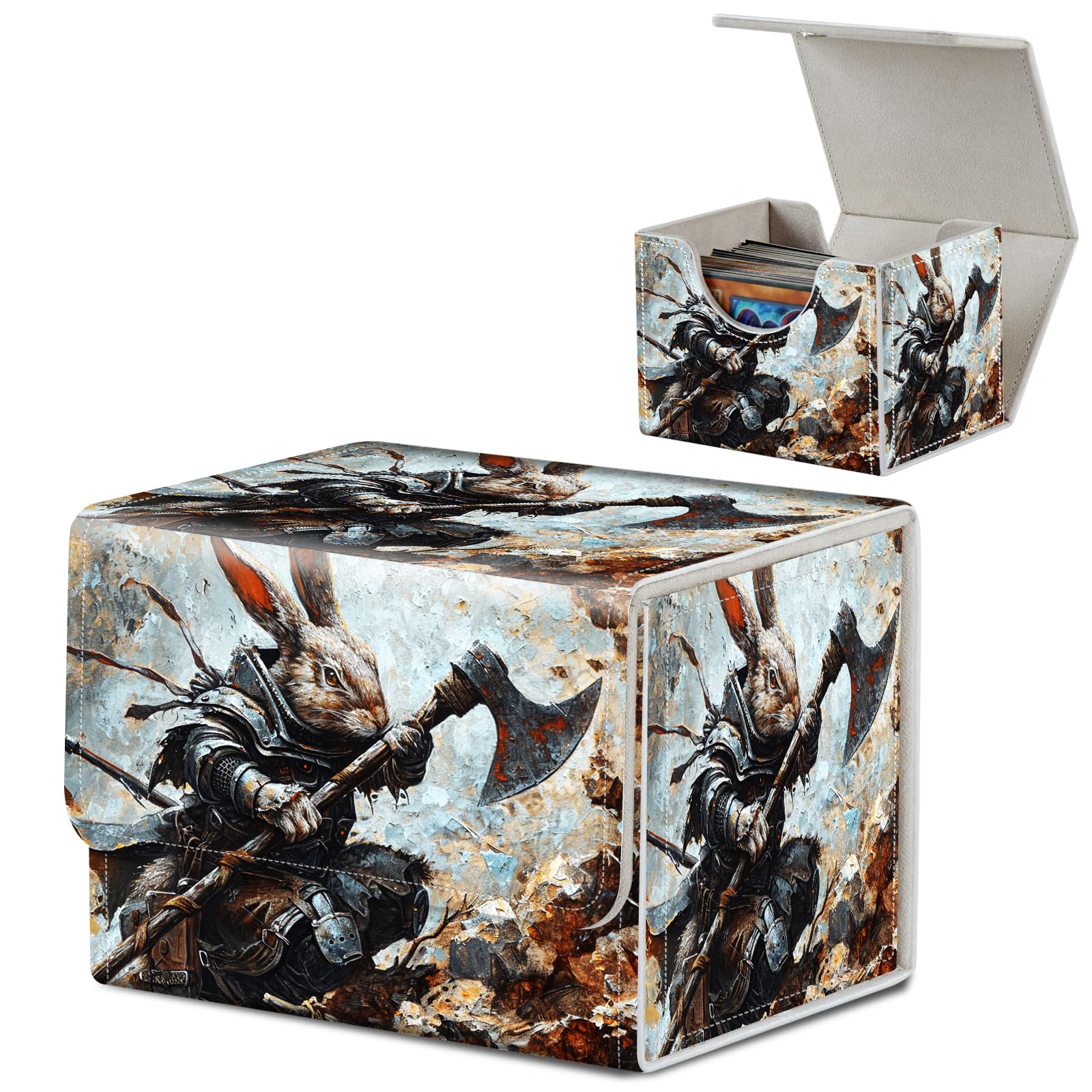 Card Deck Box for MTG, Microfiber Lining and Waterproof PU Leather Large Size Card Box, Fit 100+ Single Sleeved Cards, Strong Magnet Collectible Card Storage Box Fit TCG Fit MTG,Rabbit Dragon Warriors