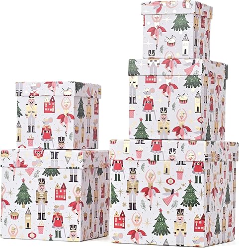 Miniatura 1 de PAPER FAIR 5 cajas de regalo de Navidad con tapa, juego de cajas anidadas de Navidad, 5 tamaños, cuadradas apilables, caja de papel de cascanueces
