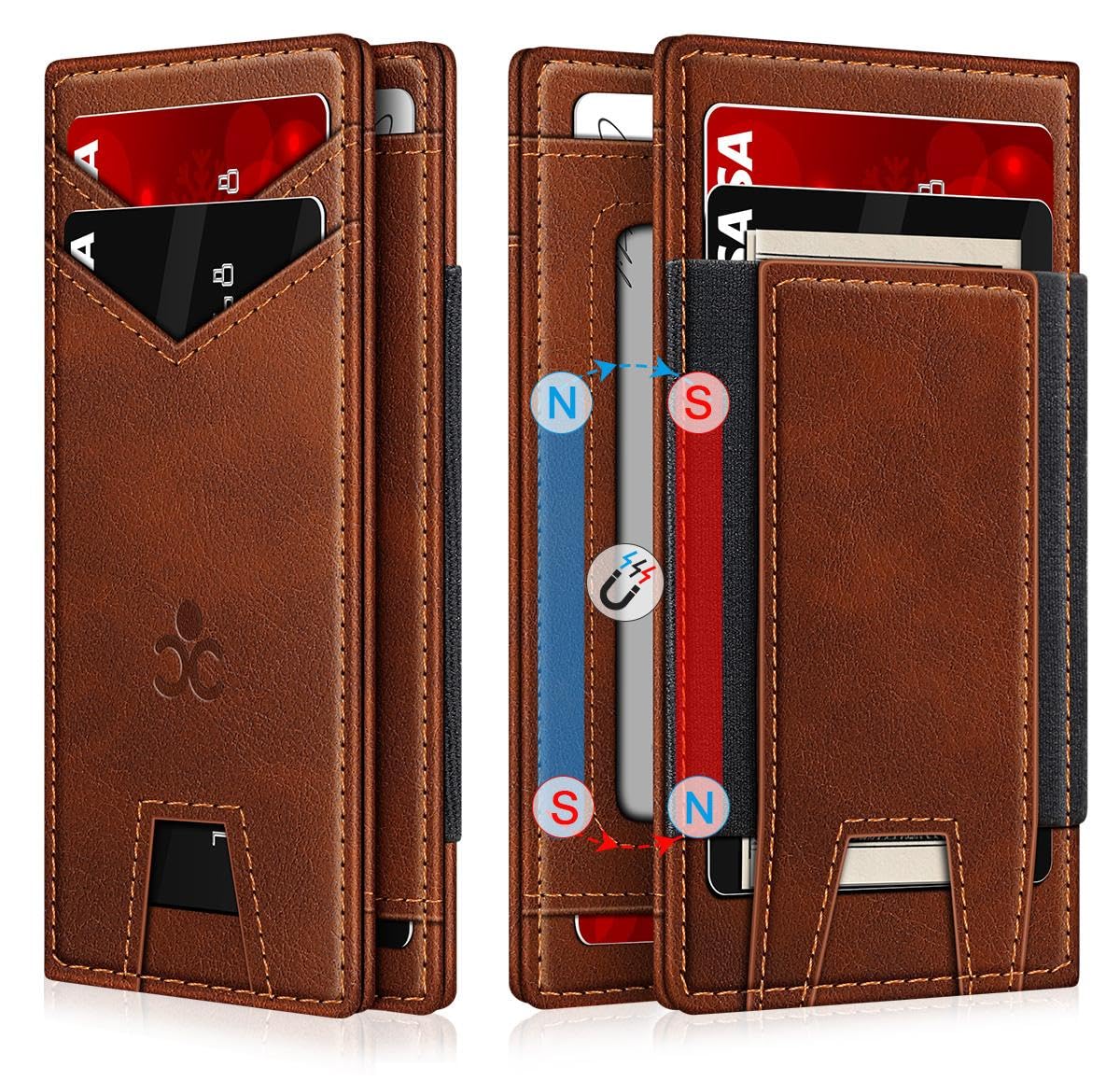 Wallet for Men Slim Leather Wallets for 9-13 Cards, RFID Blocking Thin Card Holder Wallet with ID Window & Stretchable Cash Slot, Minimalist Bifold