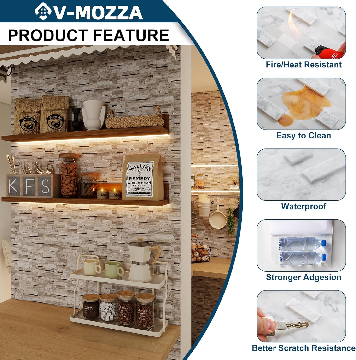 5-Sheet 3D Natural Stone Mosaic Tiles, 12"x11" Peel and Stick Backsplash, Mixed Gray Self Adhesive Wall Tiles for Kitchen Bathroom Fireplace