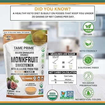 Tame prime USDA Organic Brown Monkfruit sweetener with Allulose from figs, 1 lb (454 g), 1:1 sweet like brown sugar, organic monk fruit without erythritol, 0 calories, 0 Glycemic index, Keto brown sugar, golden granulated, organic brown sugar substitute