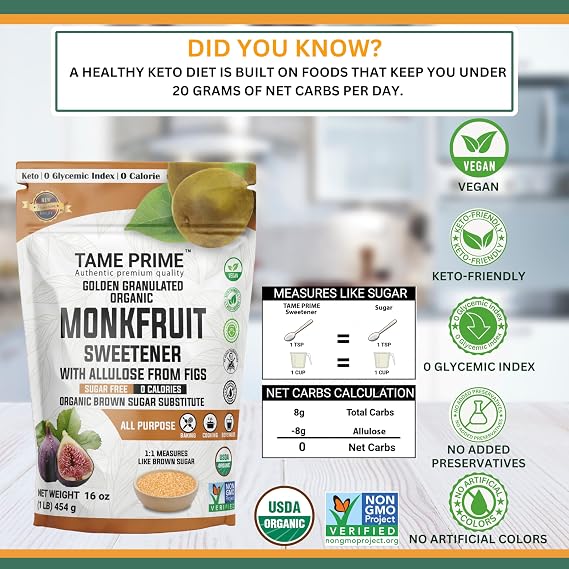Tame prime USDA Organic Brown Monkfruit sweetener with Allulose from figs, 1 lb (454 g), 1:1 sweet like brown sugar, organic monk fruit without erythritol, 0 calories, 0 Glycemic index, Keto brown sugar, golden granulated, organic brown sugar substitute