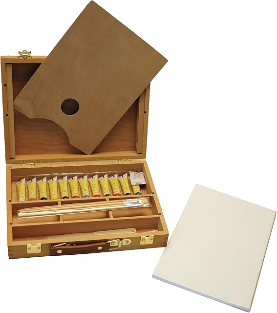 Artme Premium Wooden Easel Box Paint Set 23 pcs- Table Easel 32 x 24cm/ 3 Canvas Panels/ 12 x 12ml Acrylic/ 4 x Artist Brushes/HD Pencil/Plastic Palette Knife/Wooden Palette 20 x 30 cm