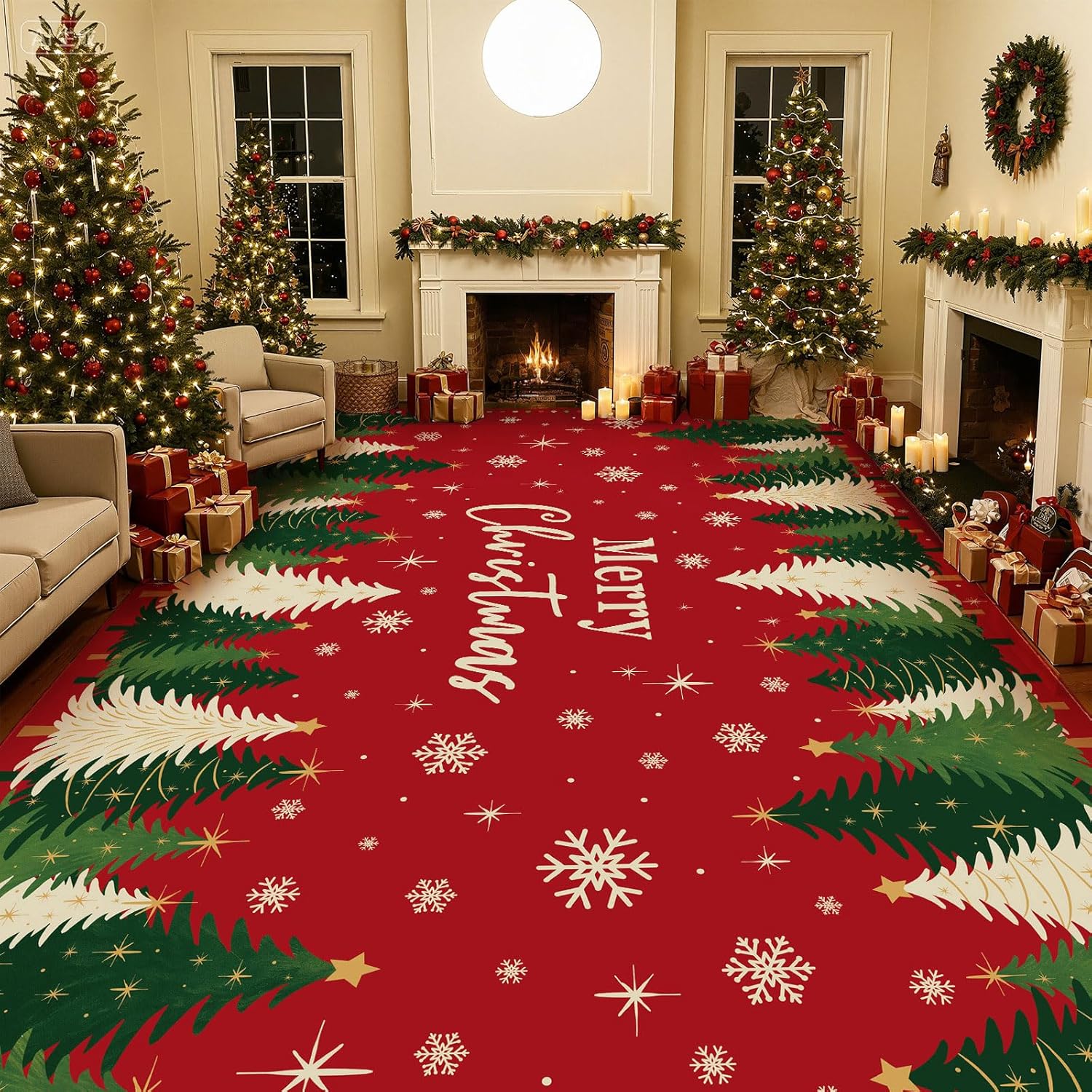 Christmas Area Rug 9' x 12' Washable Rugs for Living Room Decorative Indoor Rug Holiday Decor Xmas Non Slip Carpet for Bedroom Kitchen Office