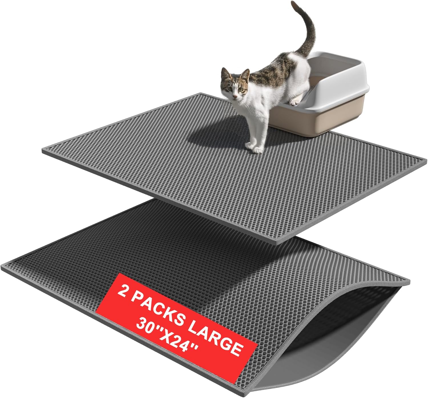 Pieviev 2 Packs Cat Litter Mat Double Layer Waterproof Urine Proof Trapping Mat (30''X24'', Gray) Gray 30x24 Inch (Pack of 2)