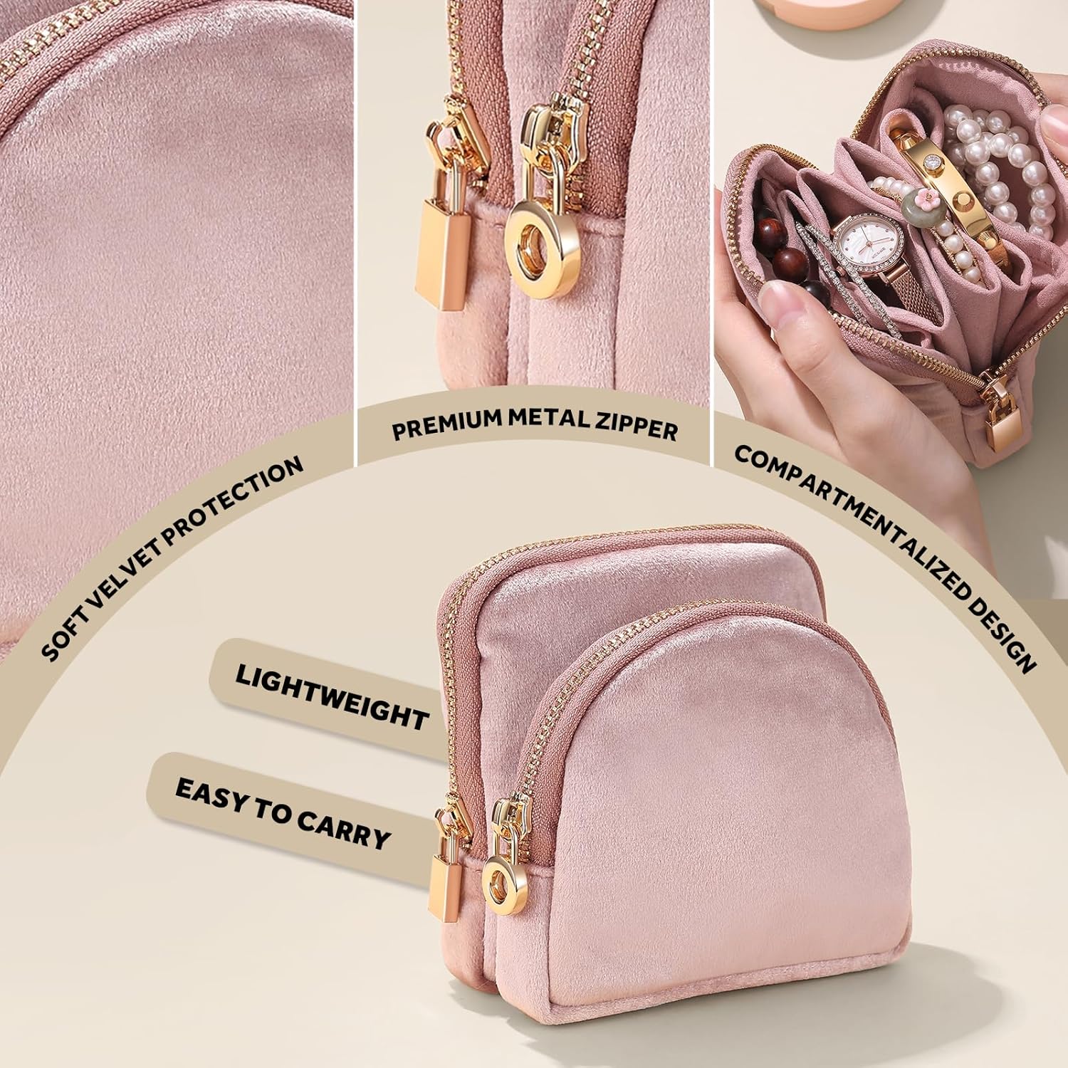 Small Travel Jewelry Case Set 2-in-1 Detachable Velvet Pouches, Portable Jewelry Organizer Bag for Rings Earrings Bracelets, Gift Box for Women (Blush Pink)