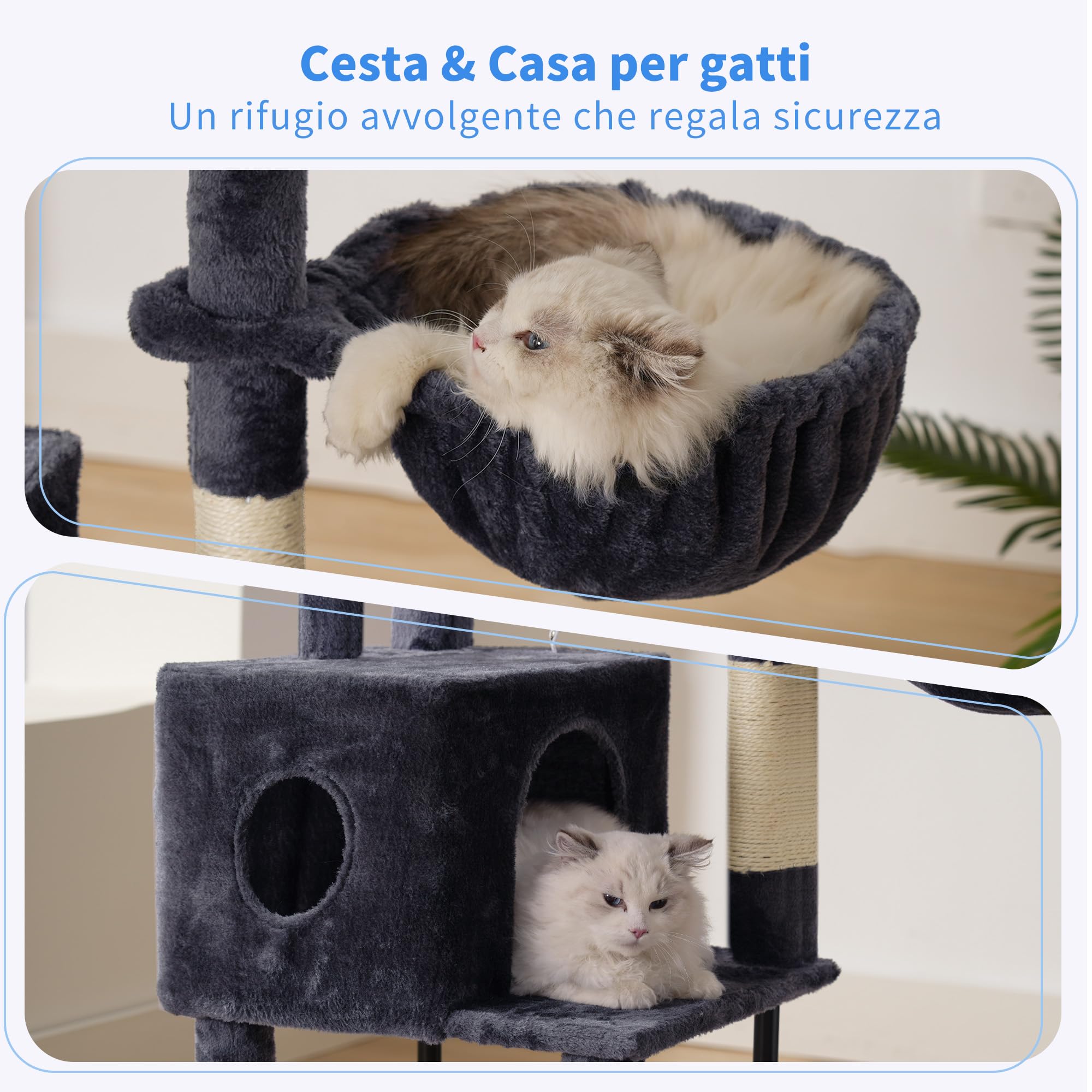 Heybly Albero Tiragraffi Per Gatti Alto 125 cm, Torre Per Gatti Spaziosa E Confortevole Con Tana, Due Ampie Piattaforme, Tiragraffi In Sisal, Cestino, Robusti Tubi In Acciaio, Grigio Fumo HCT200SG-