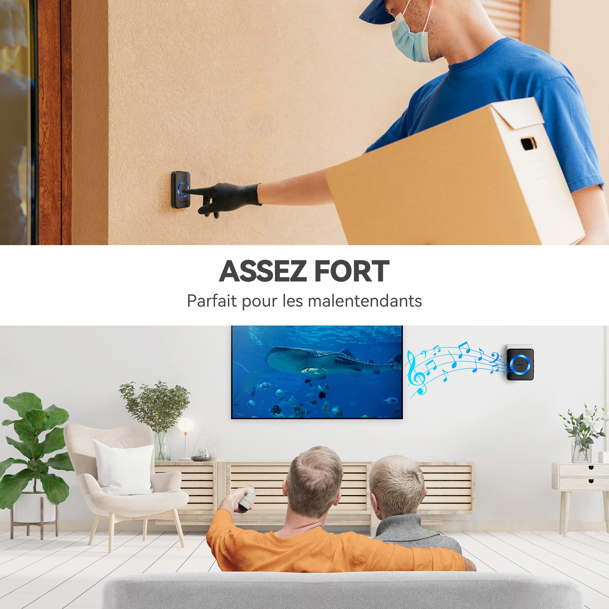 TECKNET Sonnette sans Fil, IP65 Exterieur Étanche Carillon 400 Mètres Two Récepteur Sonnette Electronique, 60 Mélodies 5-Niveaux LED Bleu, pour Maison, Hôtel, Urgence