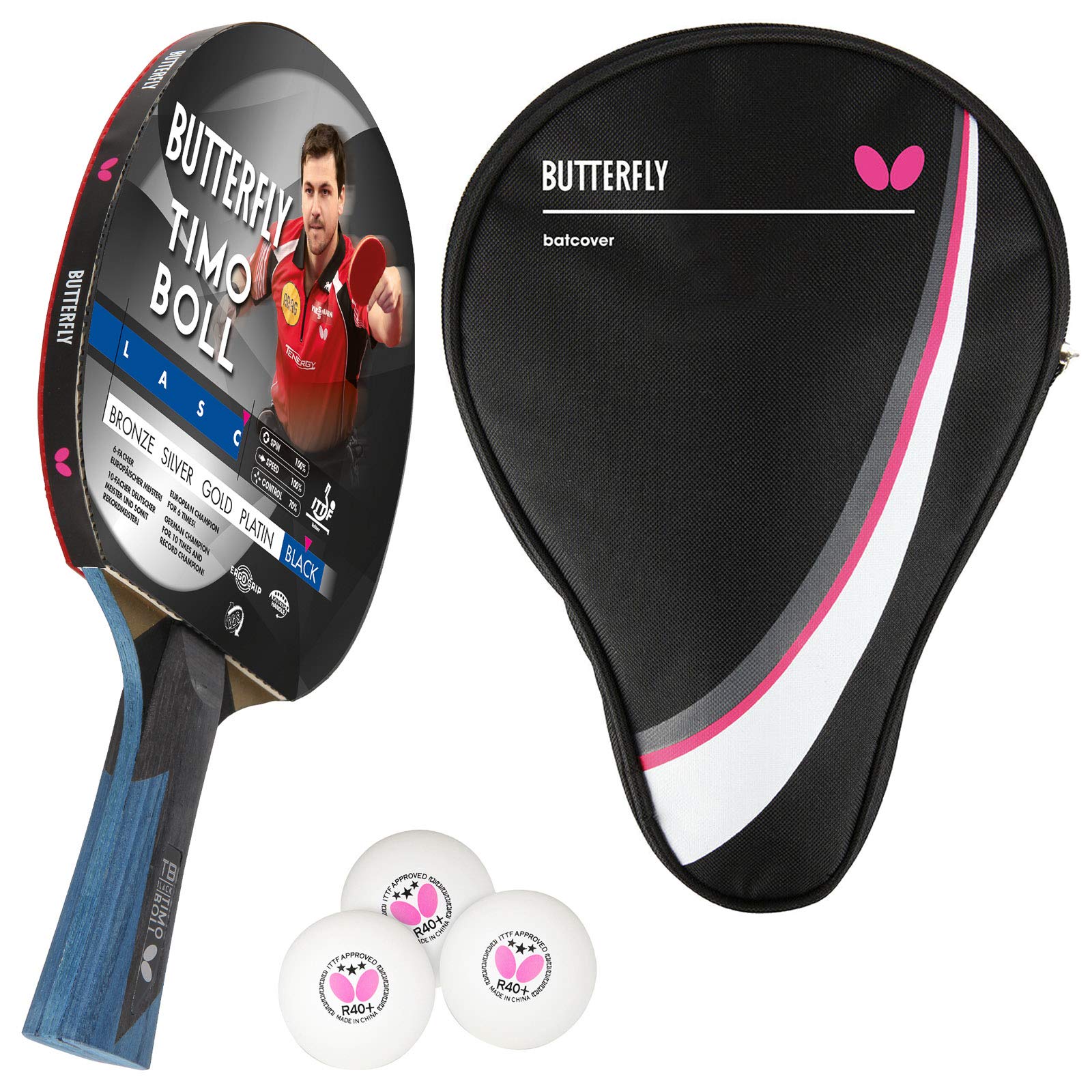 Butterfly® Timo Boll Black rakieta do tenisa stołowego, rakieta do tenisa stołowego, dla zaawansowanych technicznie graczy, z certyfikatem ITTF Wakaba, anatomiczny kształt uchwytu