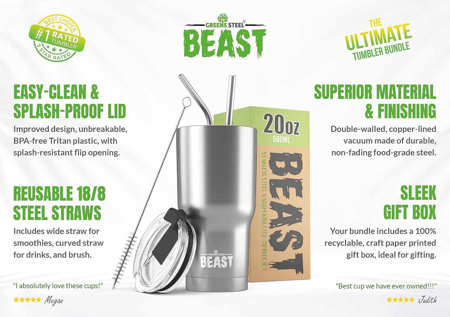 Beast 20 oz Tumbler Stainless Steel Vacuum Insulated Coffee Ice Cup Double Wall Travel Flask (Stainless Steel) - Image 2