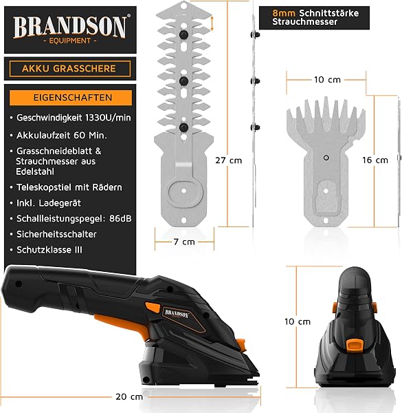 Brandson - Grasschere mit Akku inkl. Teleskopstange/Stiel - elektrische Rasenschere Strauchschere kabellos 2000mAh Akku - 1 x Grasmesser und 1 x Strauchmesser - Rasenkantenschneider - Rasentrimmer 7 - 2