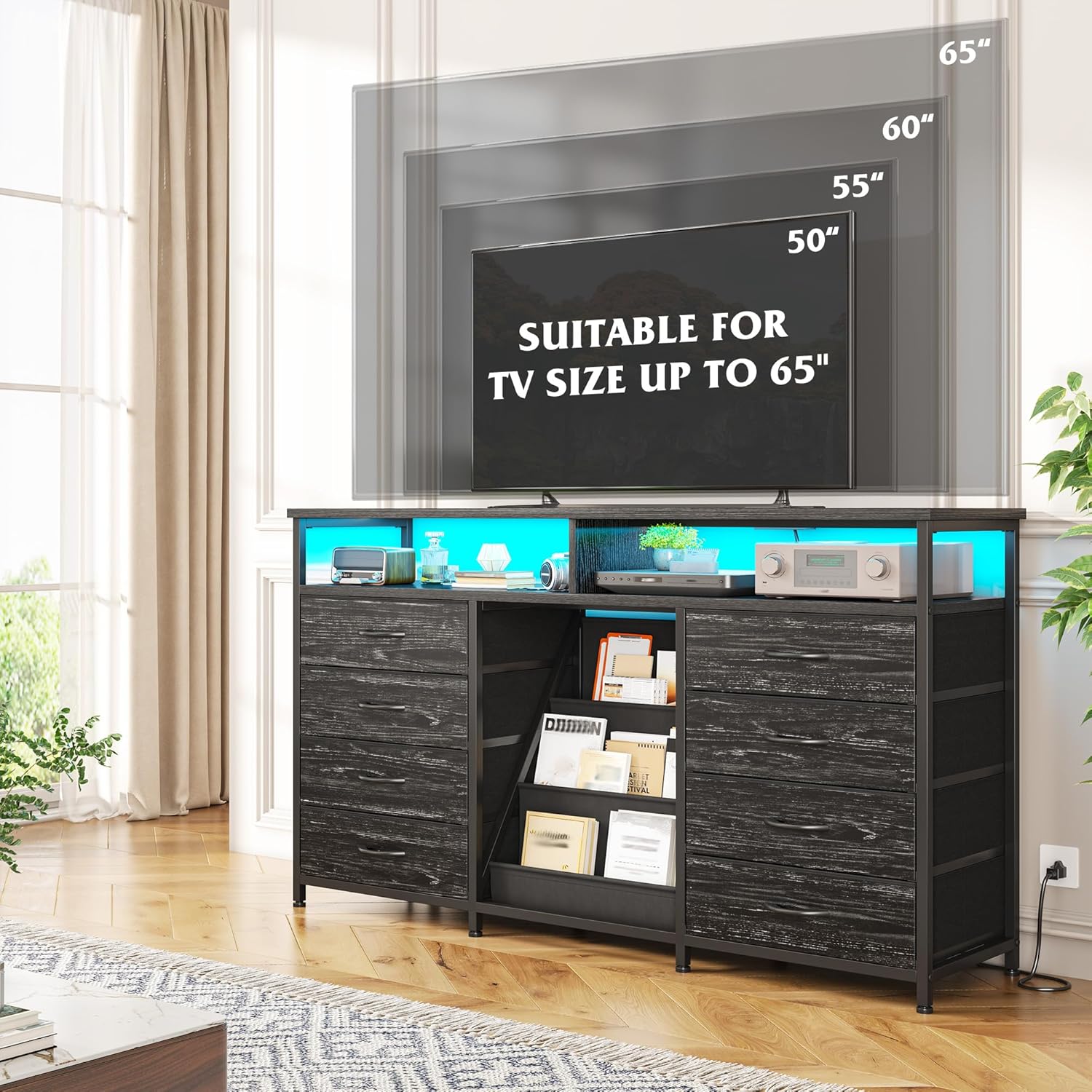EnHomee 55 ” W Dresser for Bedroom with Bookrack & 8 Fabric Drawers, Dresser TV Stand with Power Outlet & LED Lights for 65 Inch TV, Chest of Drawers for Cabinet, Entryway, Charcoal Black