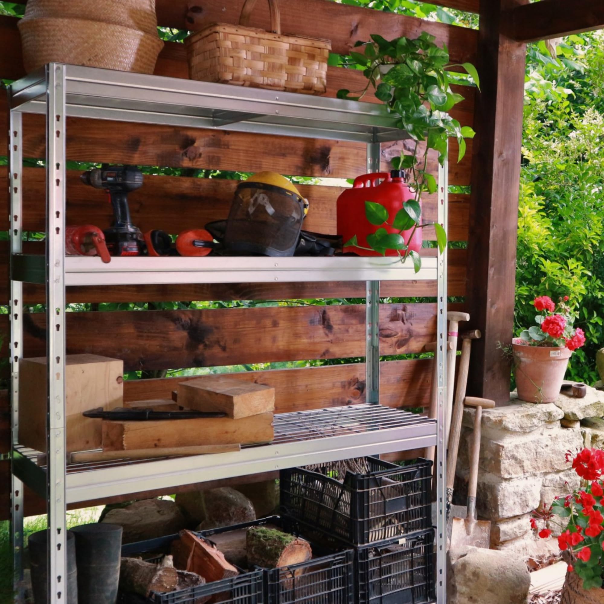 HEMMDAL Outdoor-Weitspannregal - 1.200 kg Tragkraft - HxBxT 180 x 120 x 45 cm - Steckregal mit 4 höhenverstellbaren Böden - 400 kg max. Fachlast - TÜV geprüft - Schwerlastregal aus verzinktem Stahl