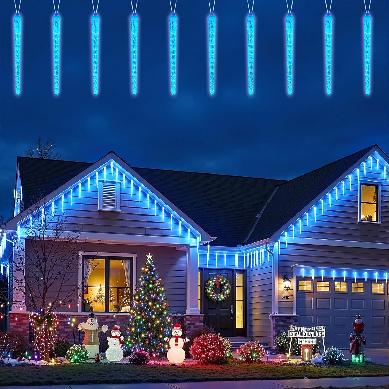 Brightown Icicle Lights Outdoor, 19.8Ft Meteor Shower Lights with 20 Tubes, Snowfall Shooting Star Light Effect, Falling Cascading Crystal Christmas Decorations for House, Eave, Roofline, Patio, Blue