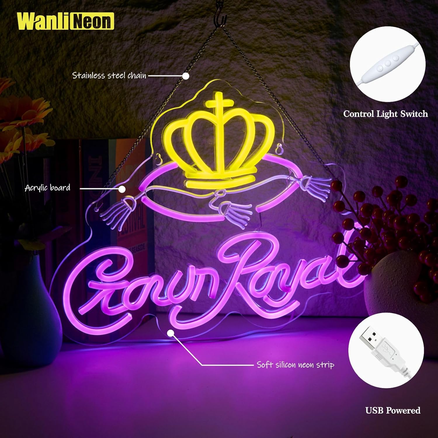 Crown Neon Sign for Bar Wall Decor, Royal Beer Lights Signs Whiskey LED Sign for Bar Man Cave Bedroom Home Shop Pub Bistro Party Hotel Game Room Decor Gifts, USB Powered - Image 3