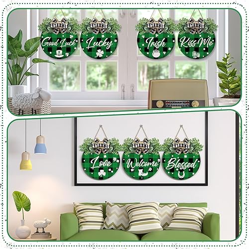 Miniatura 2 de Menkxi 8 piezas de decoración de puerta del día de San Patricio, búfalo a cuadros del día de San Patricio, letrero de madera irlandés del día de San