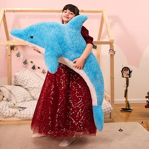 MorisMos Peluche de delfín gigante, juguete de peluche grande de 55 pulgadas, suave peluche del océano marino, regalos para niños, azul