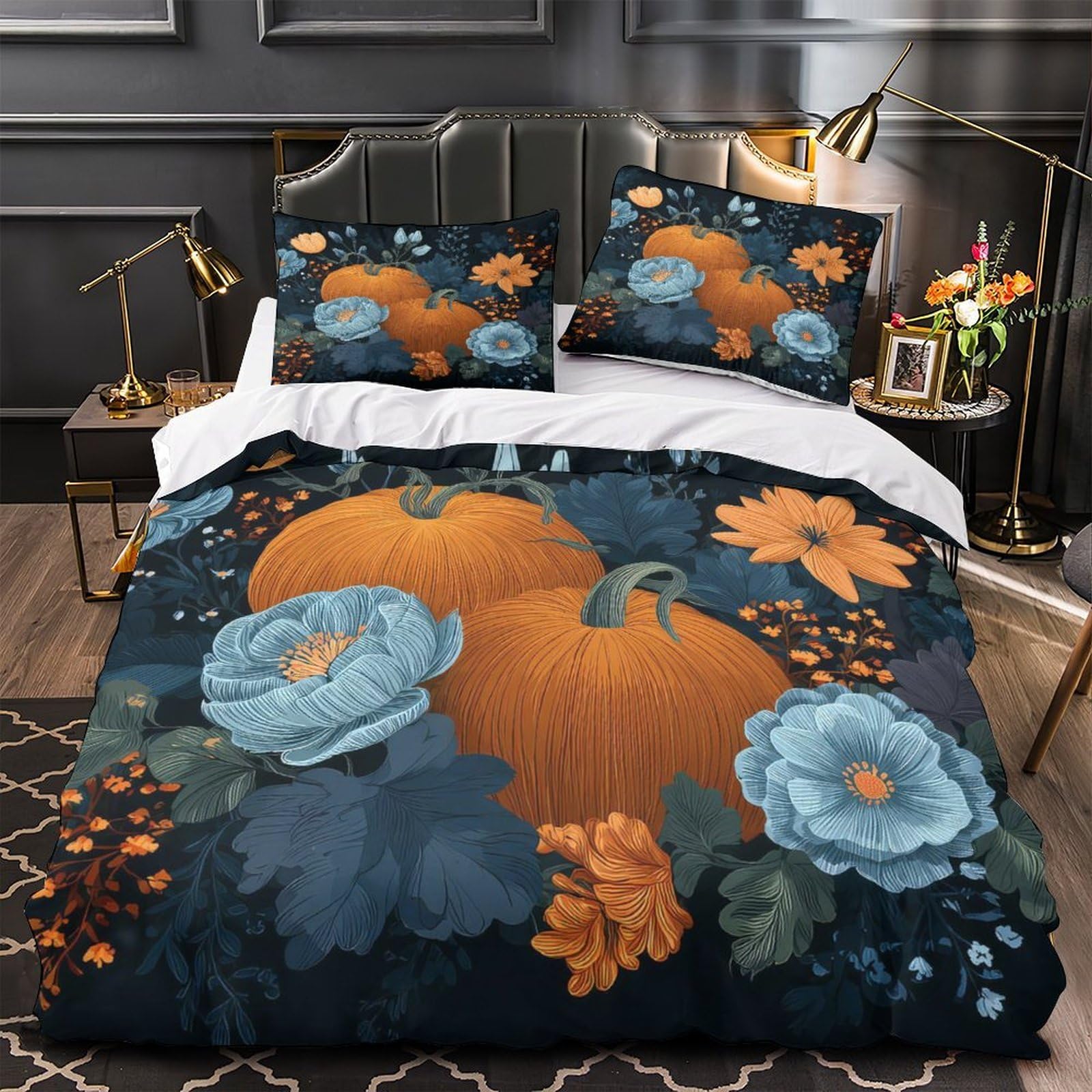 MMDASBVPE Autumn Pumpkins Comforter Cover 3D Design Printed Durable 3 Pcs Bedding Set Zipper Floral Autumn Design Duvet Cover Luxury Washable for Kids Girls Boys Adults Women Teens Double（200x200cm）